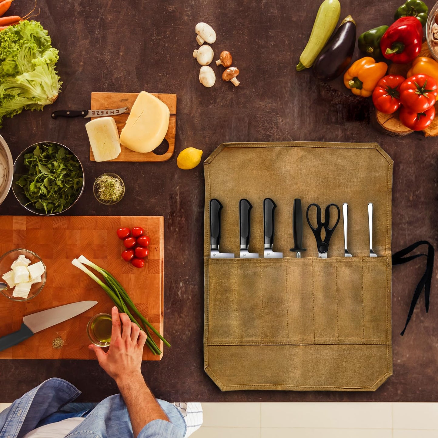GIWOSK Knife Roll Bag, Waxed Canvas Chef's Knife Roll Bag with 7 Slots, Portable Knives Pouch Knife Storage Case Knife Carrier for Home Camping Picnic Chefs Cooking Lovers, Khaki(Bag Only)