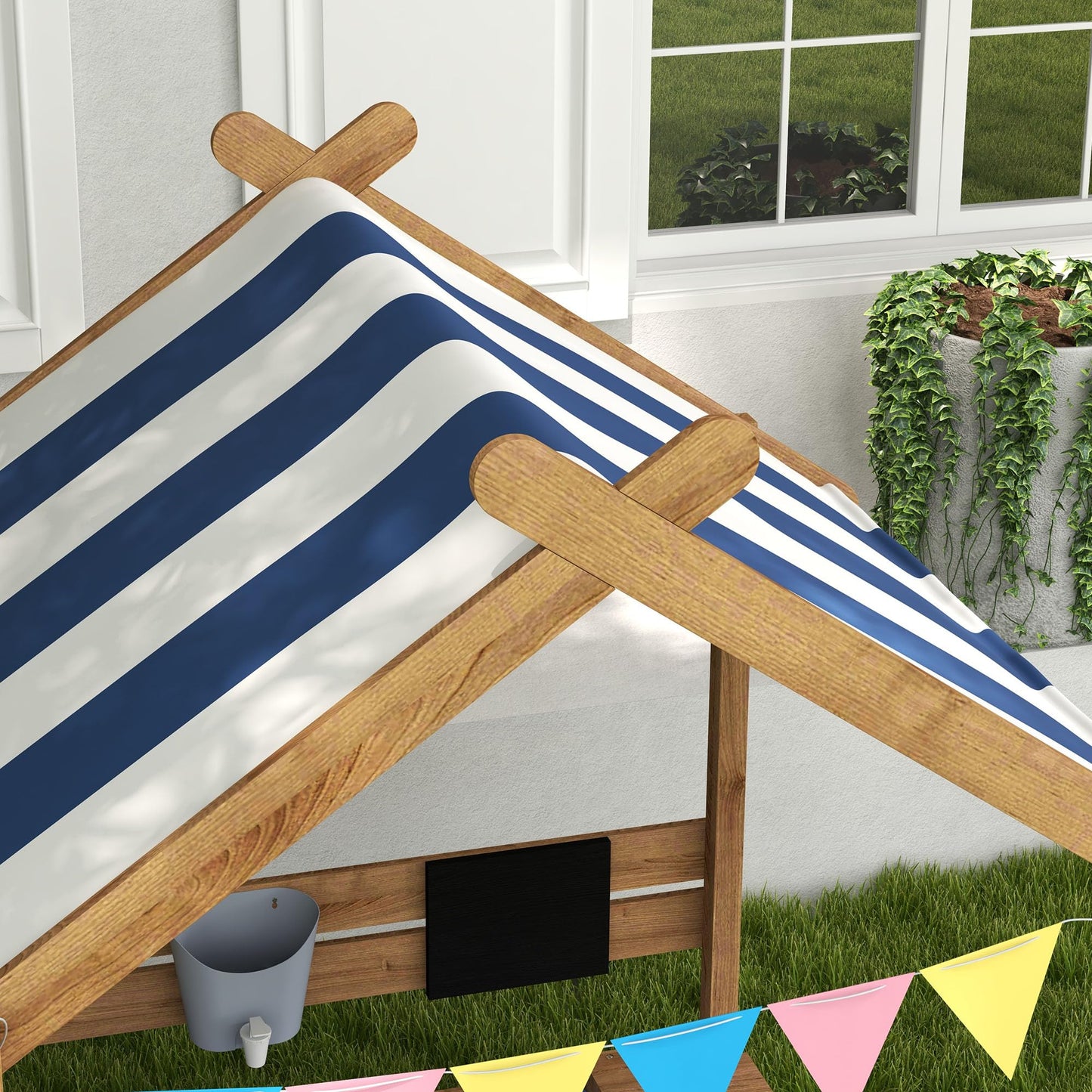 Wooden Sandbox with Canopy House Design - Weather-Resistant Play Set for Kids Ages 3-7, Outdoor Fun with Sink and Black Board