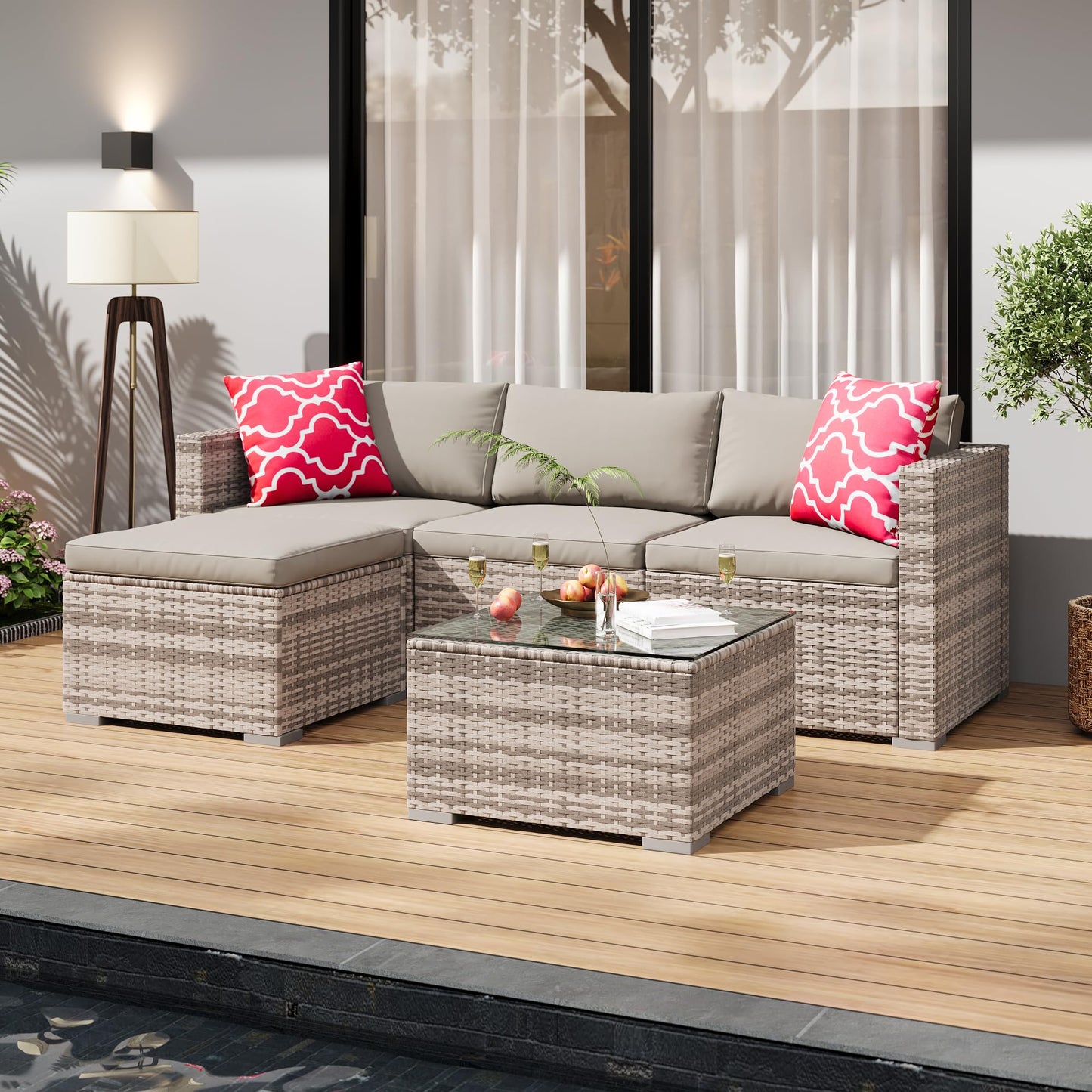 MilleLoom 5-Piece Outdoor Sectional Sofa Set, All-Weather PE Rattan Patio Furniture with Ottoman & Tempered Glass Table, Convertible Garden Couch for Backyard, Porch, Poolside (Gray)