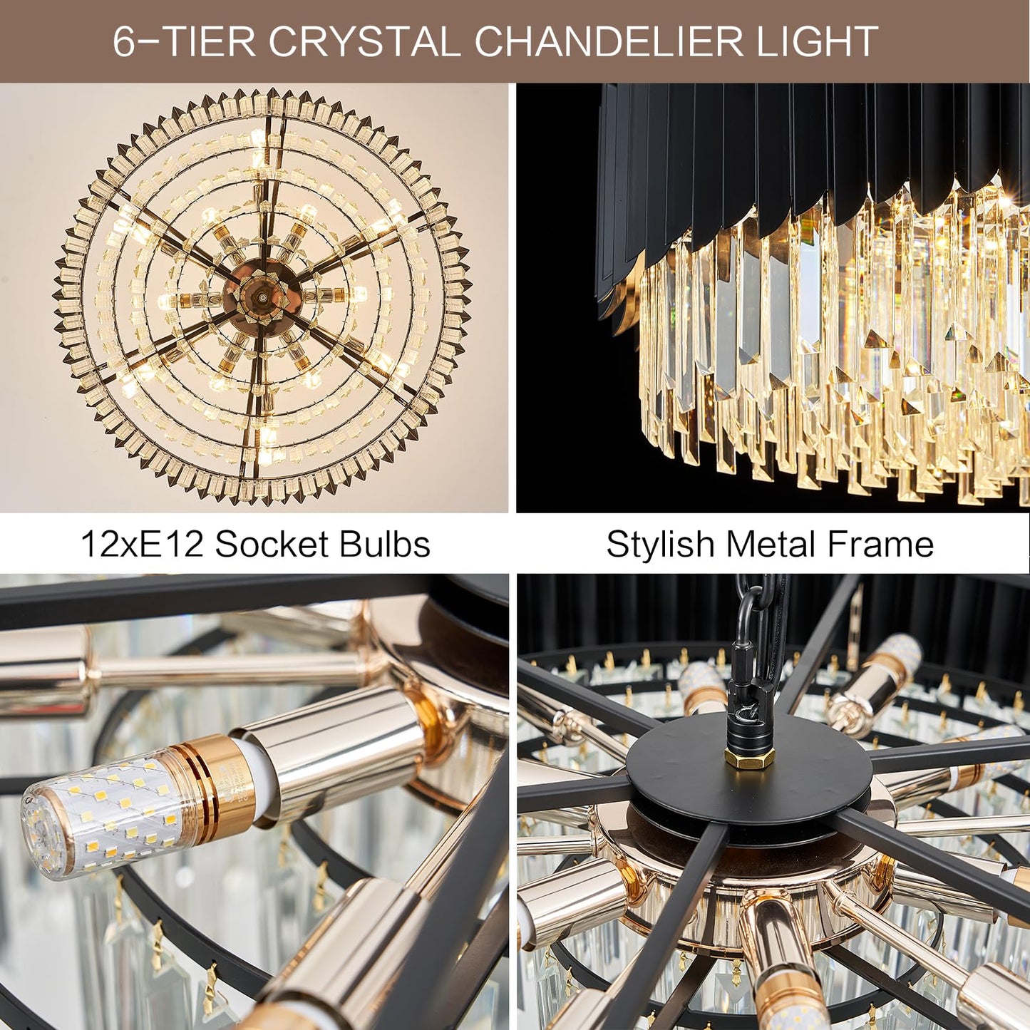 YOLIZUOT Black Crystal Chandelier 30'' K9 Crystal Round Pendant Lights Adjustable 6-Tier Large Modern Crystal Chandelier Light 12-Lights for Dining Room Living Room Kitchen Foyer Entryway