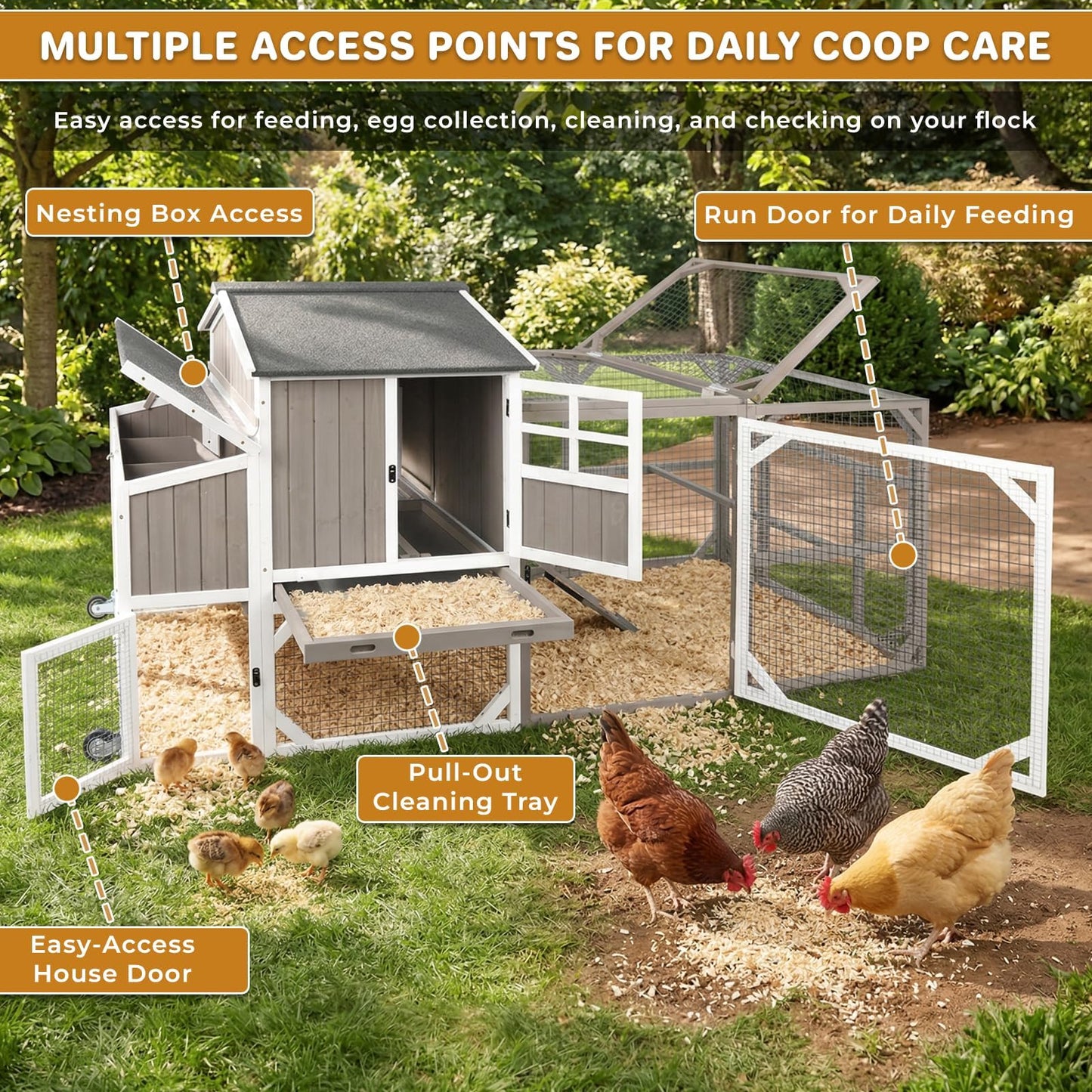 Large Outdoor Chicken Coop with Run & Wheels, 95.3" Wooden Hen House for 3–6 Chickens, 3-Compartment Nesting Box (2 Dividers), Pull-Out Tray, UV-Resistant Roof, Predator-Resistant Wire Mesh