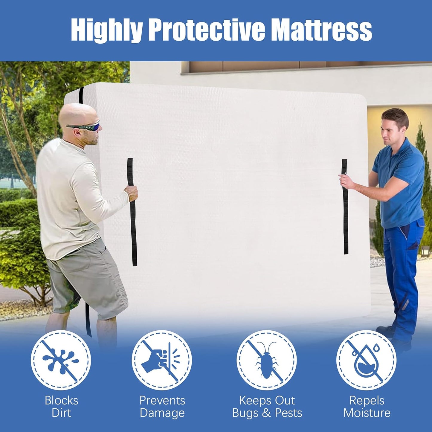 Mattress Bags for Moving and Storage - Heavy Duty with 8 Handles, Strong Zipper Closure, Semi-Transparent