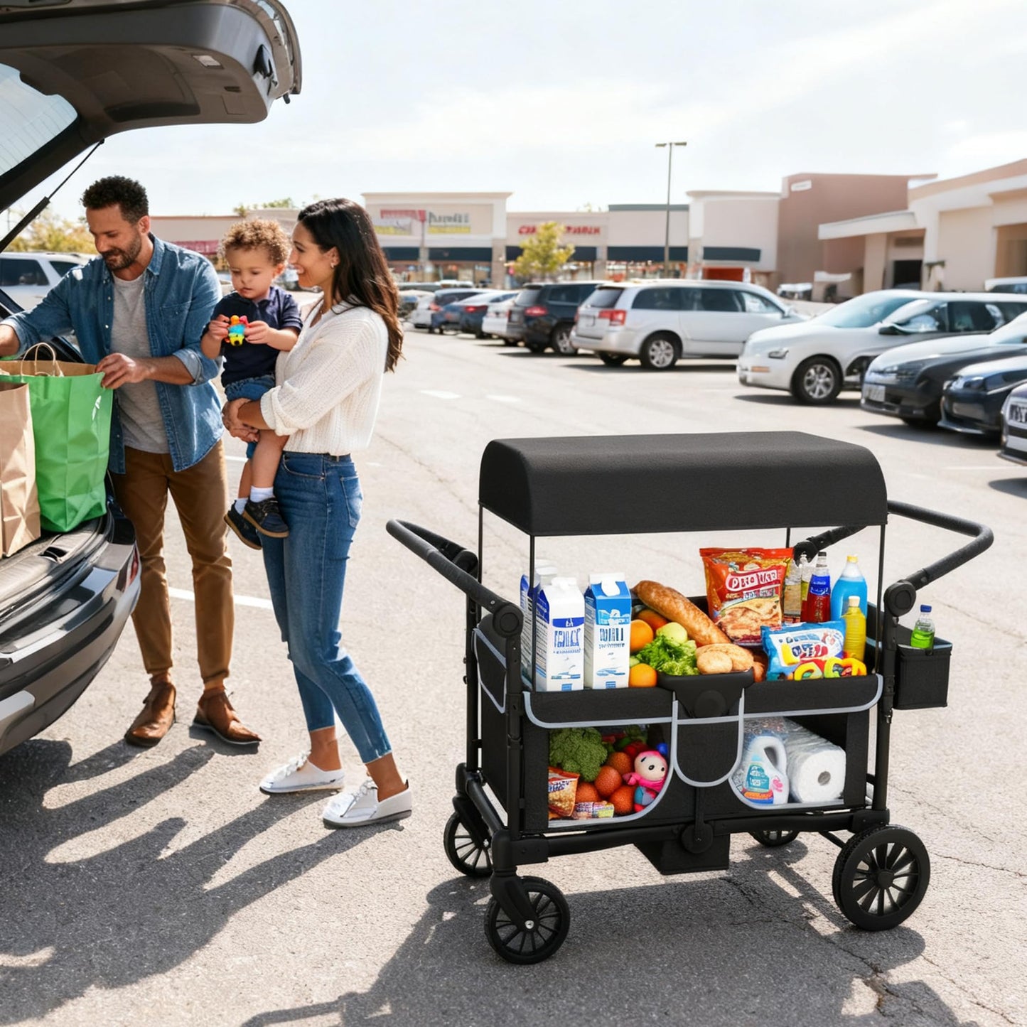 Xilingol 4-Seater Wagon Stroller for Kids, Foldable Outdoor Wagon with Canopy, Adjustable Handle, 5-Point Harness, Detachable Tray & Carry Bag (Black)