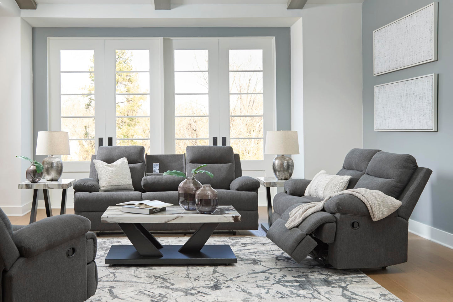 Signature Design by Ashley Yarrow Lane Classic Chenille Manual Pull Tab Reclining Loveseat, Gray