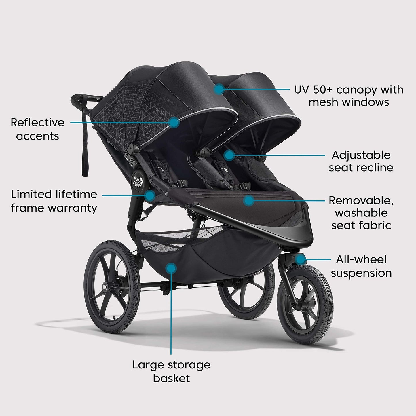 Baby Jogger® Summit X3 Double Jogging Stroller, Side by Side Double Stroller with Smooth Ride for Walking/Jogging, Compact Fold, All-Terrain Air Filled Tires, and All-Wheel Suspension, Midnight Black