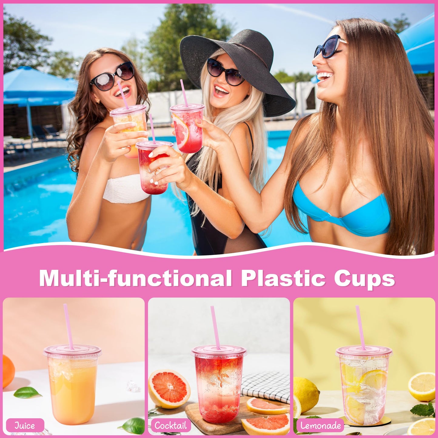 KesaPlan 50 Pack 16 oz Pink Plastic Party Cups with Lids and Straws, Disposable Iced Coffee Cup with Lids, Round Bottom Drinking Cups for Birthday Wedding Valentine's Galentine's Bachelorette Party