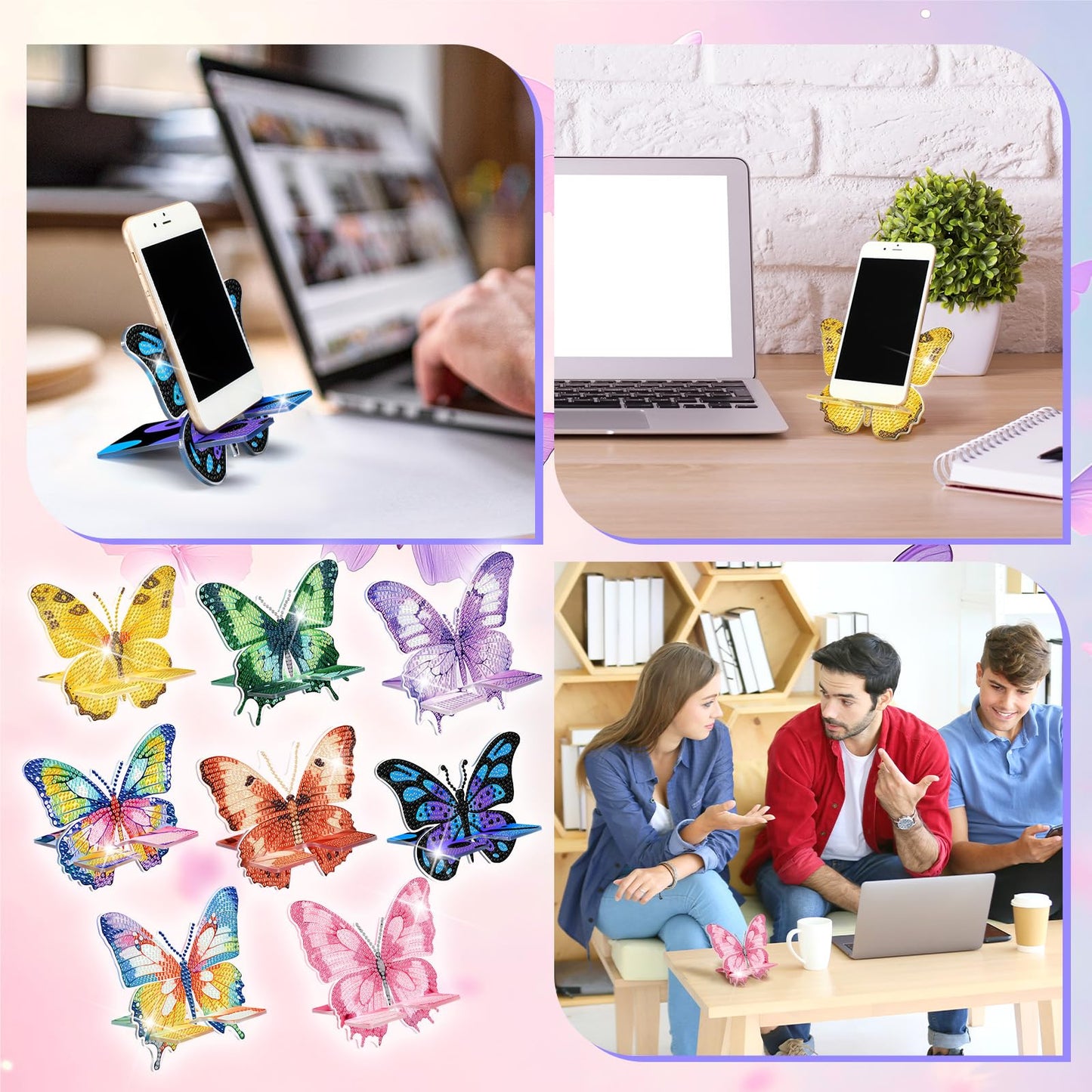 Kenning 8 Pcs Butterfly Diamond Painting Cell Phone Stand DIY 5D Full Crystal Acrylic Spring Diamond Art Phone Holders Kits for Beginner Adult DIY Craft Butterfly Lover Gifts