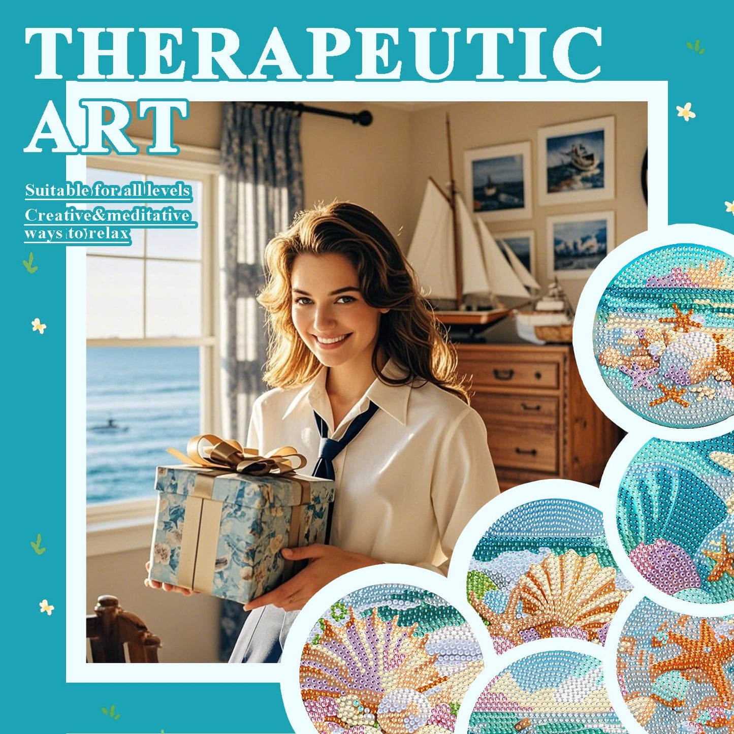 Leatrice Ocean Diamond Art Coasters Set of 6, Small Diamond Painting Kits for Adults Beginners Women, Gem Art Coasters with Holder, Funny Arts Supplies for Kitchen Decor