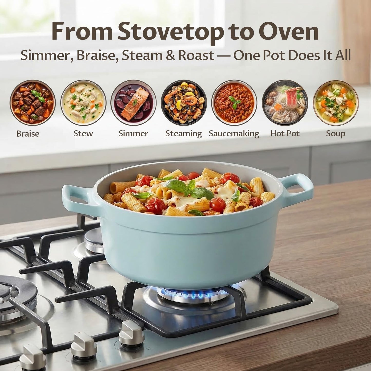 5.7 Quart Nonstick Stock Pot with Lid, BEZIA Ceramic Soup Pot for Family Cooking, Induction Cooking Pot with Smart-Vent Braising, Easy Cleanup, Perfect for Side Dishes, Daily Meals & Camping