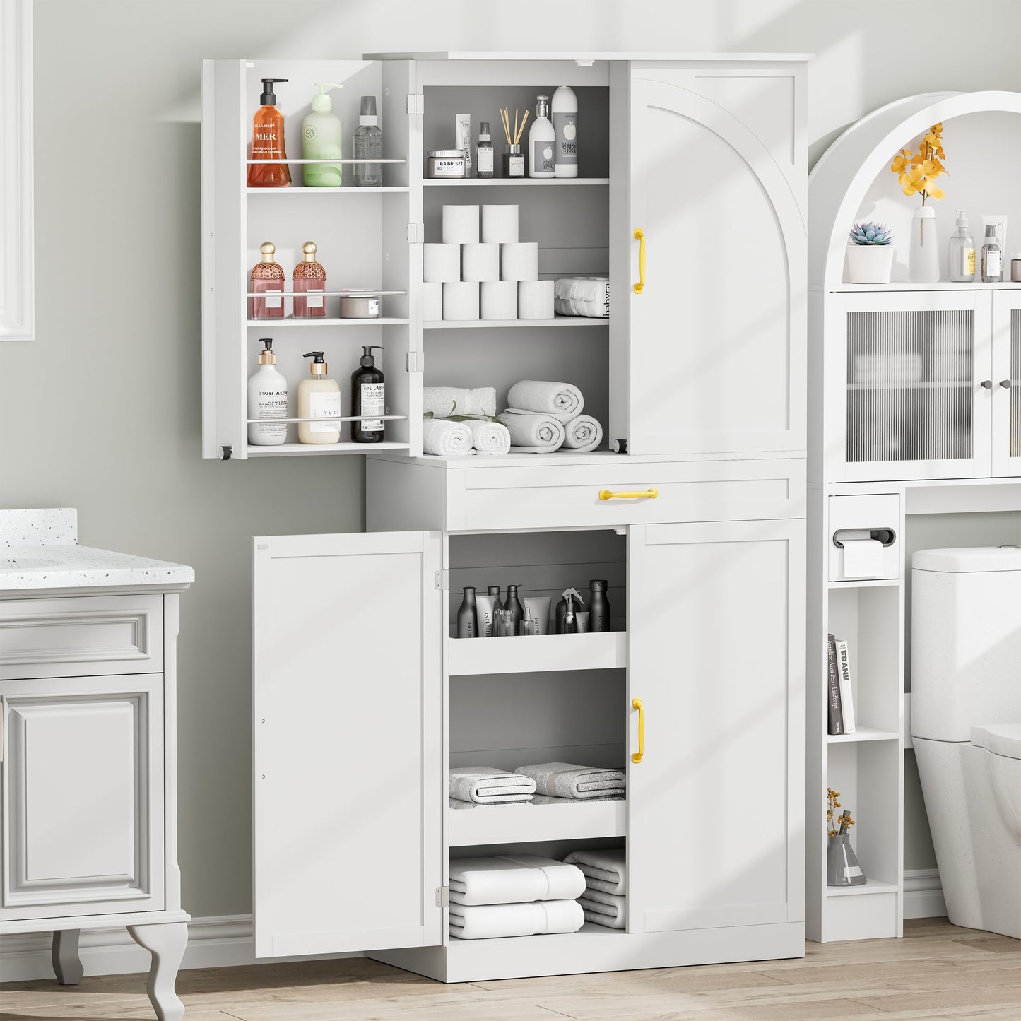 HQZX 71’’ Tall Kitchen Pantry Cabinet, Pantry Storage Cabinet with 6 Doors Shelves, Large Drawer & 2 Pull Out Shelves, Freestanding Cupboard for Kitchen, Dining Room, White