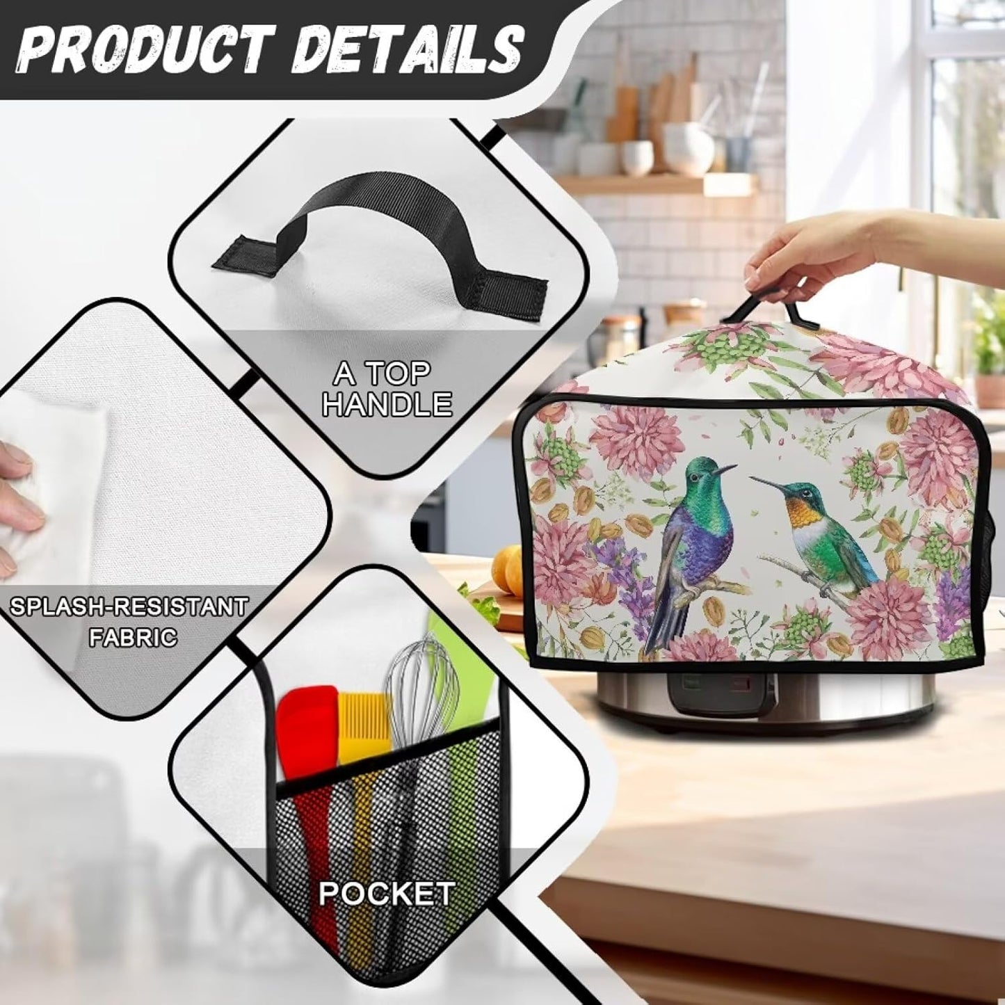 TODIYADDU Hummingbird Floral Slow Cooker Cover, Trendy Dust Cover with Storage Pocket for Kitchen Appliances