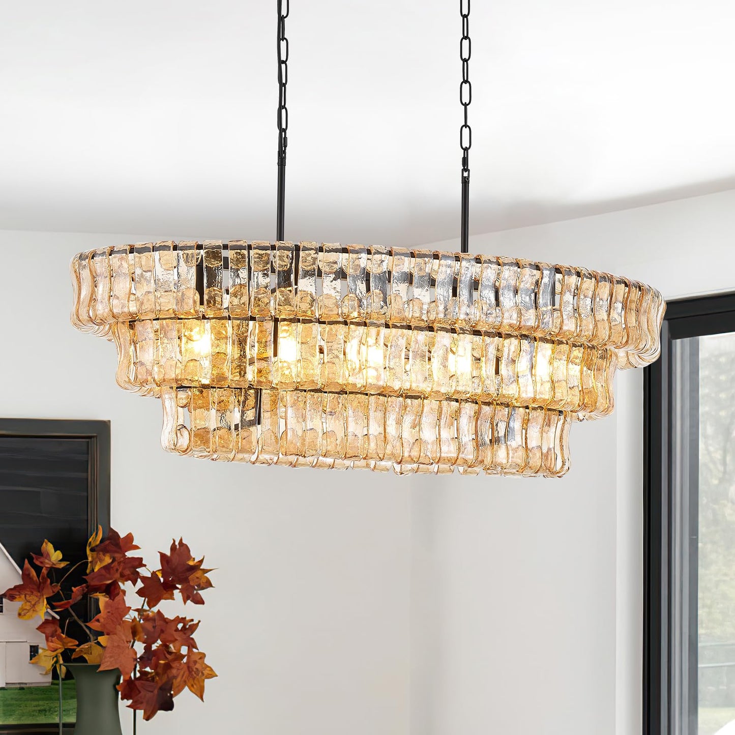 VANZARLA Large Modern Chandelier with Unique Amber Glass Shade, 3-Tier Dining Room Light Fixture, Farmhouse Chandelier for Kitchen Island Living Room Foyer