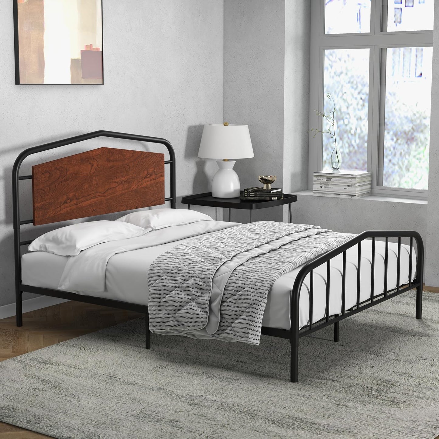 Gyabnw Full Bed Frame, Full Size Bed Frame, Heavy Duty Metal Platform Bed Frame with Round Corners, /No Box Spring Needed/Wooden Headboard/Noise-Free, Walnut