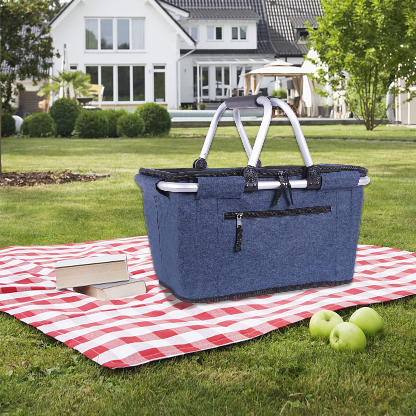 Picnic Basket, SIYUAN Collapsible Shopping Basket with Lid 27L Large Market Basket with Handles Reusable Folding Grocery Basket Insulated Cooler Bag for Picnic Travel, Blue