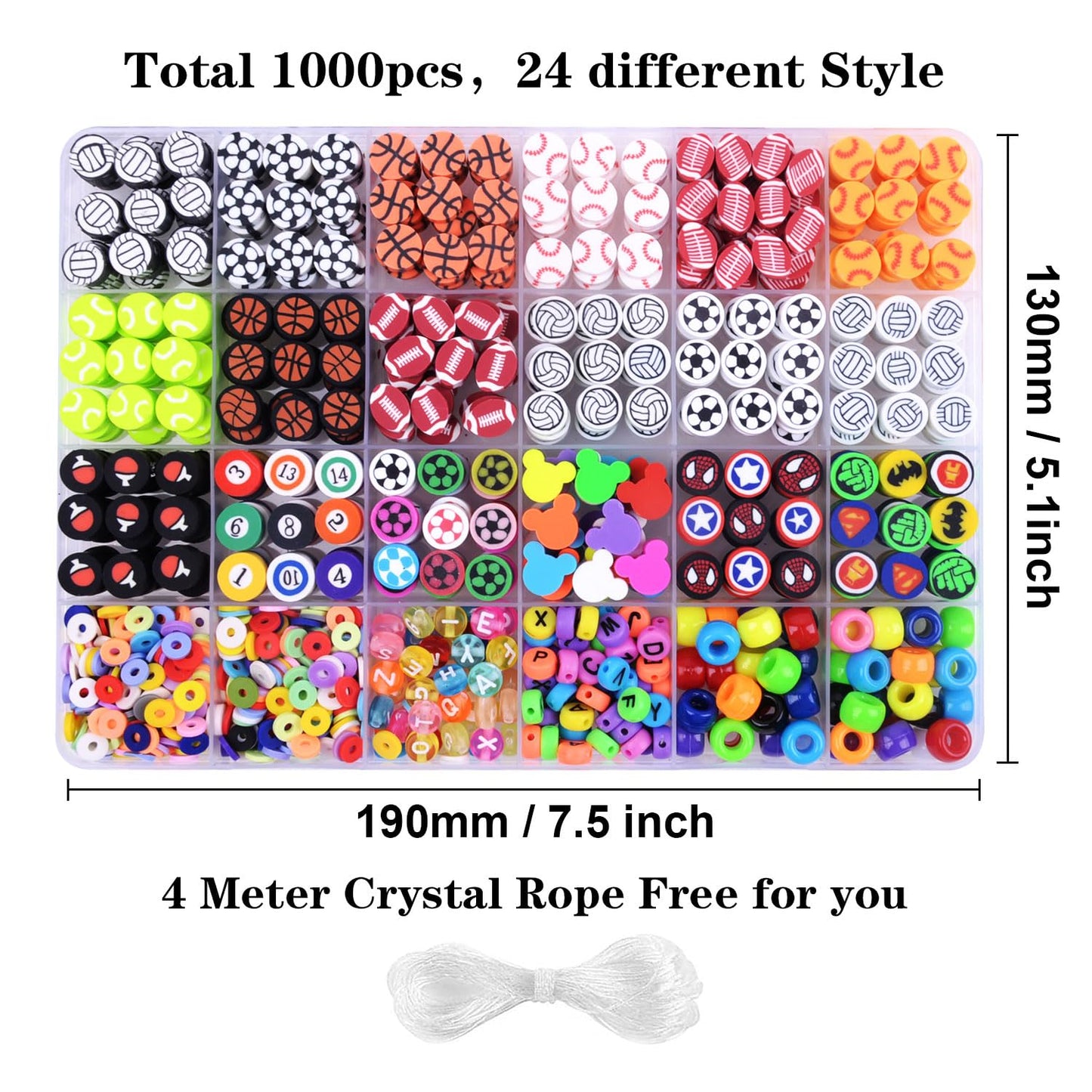 1000PCS Polymer Clay Beads Bracelet Making kit, 24 Style Cute Fun Beads Sports Ball Volleyball Softball Baseball Basketball Soccer Rugby Football Charms for Jewelry Making DIY for Women Girls