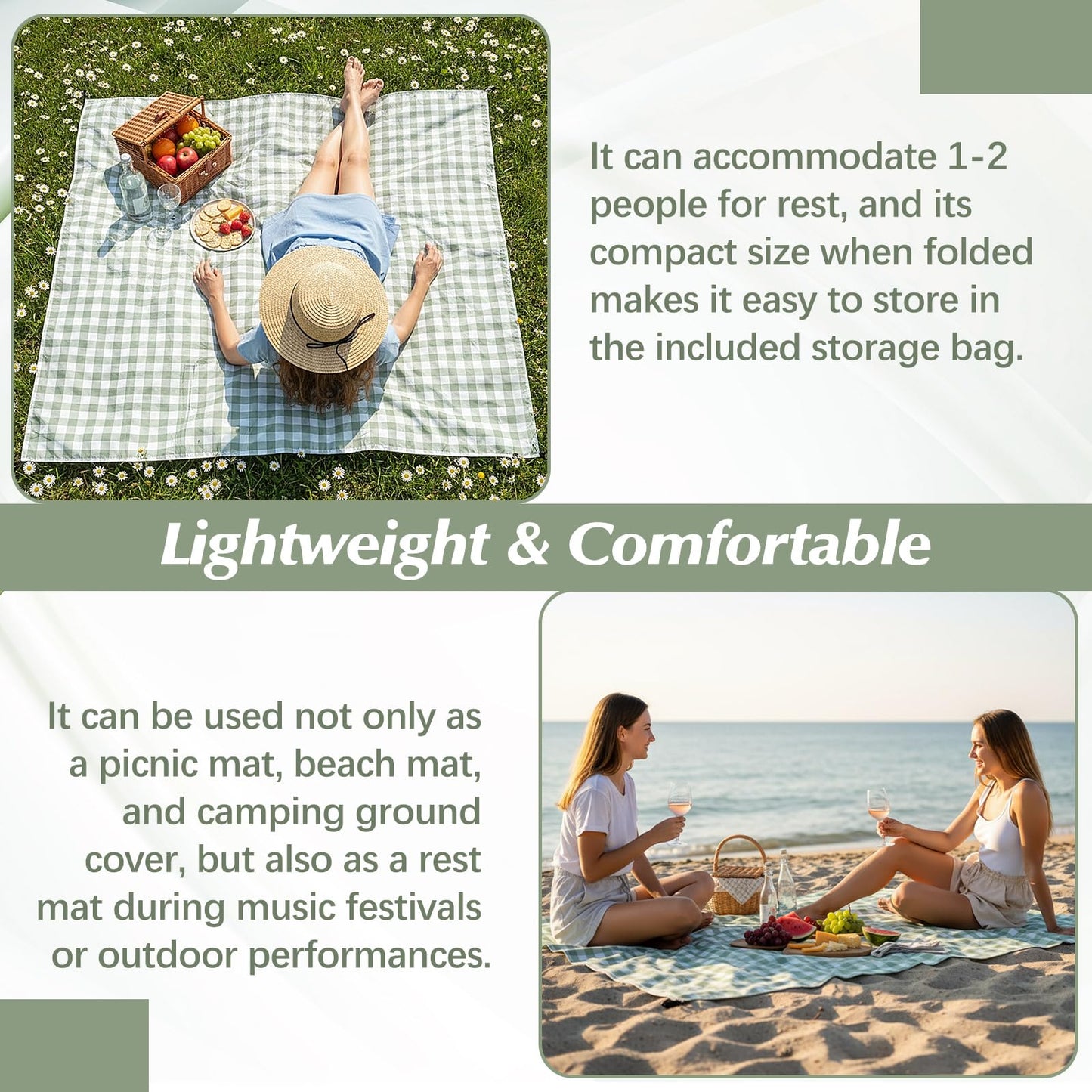 HunnmingRe Green Gingham Pocket Picnic Blanket with Storage Bag 55 x 60inch Packable Sandproof Waterproof Beach Mat Compact Washable Picnic Mat for Outdoor Hiking Camping Travel Outdoors