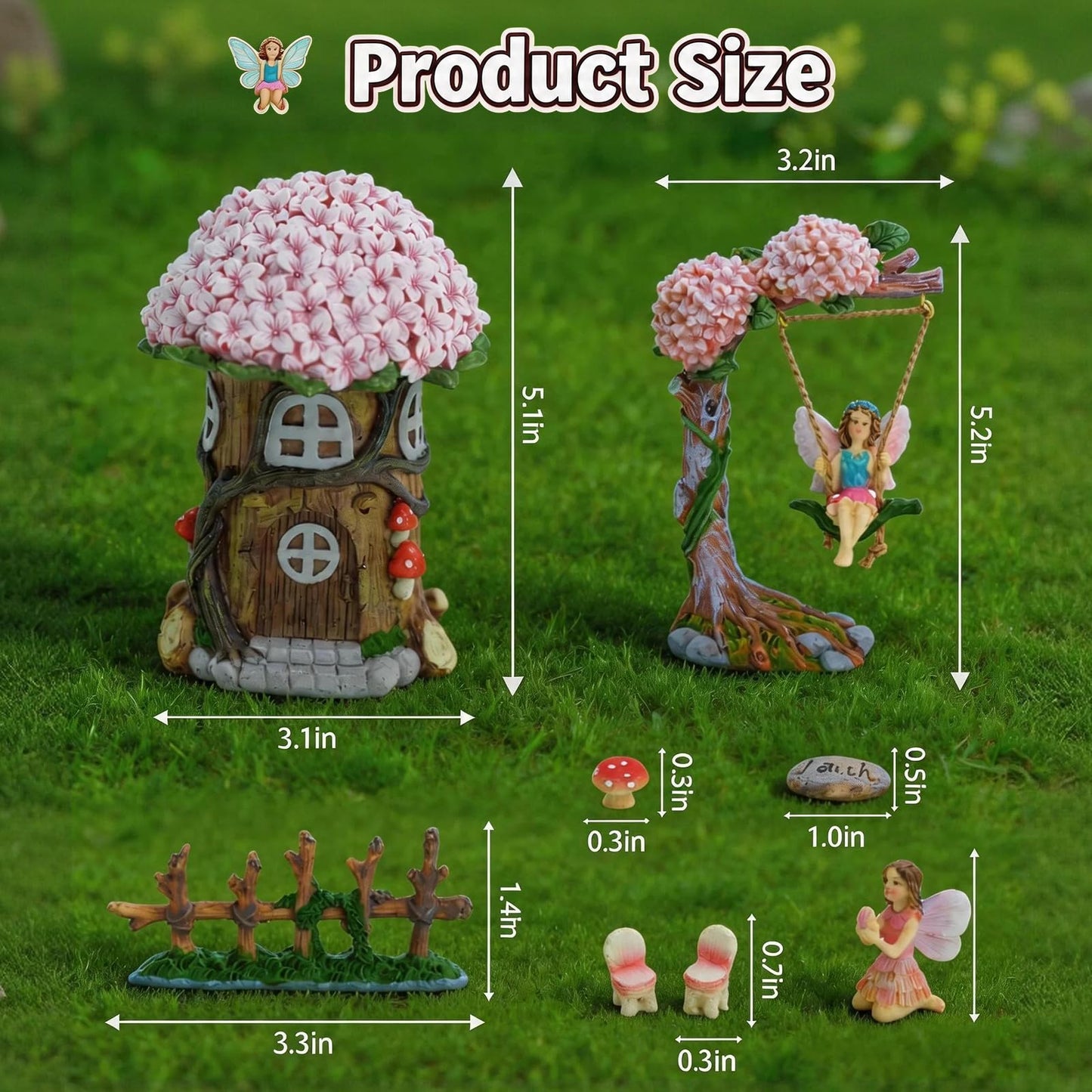 Landoraloria Miniature 8 Pcs Mini Garden Furniture, Fairy Garden Accessories Kit, Resin Figurines with Swing Set, Whimsical Theme, for Outdoor Patio, Yard, Lawn, or Desk