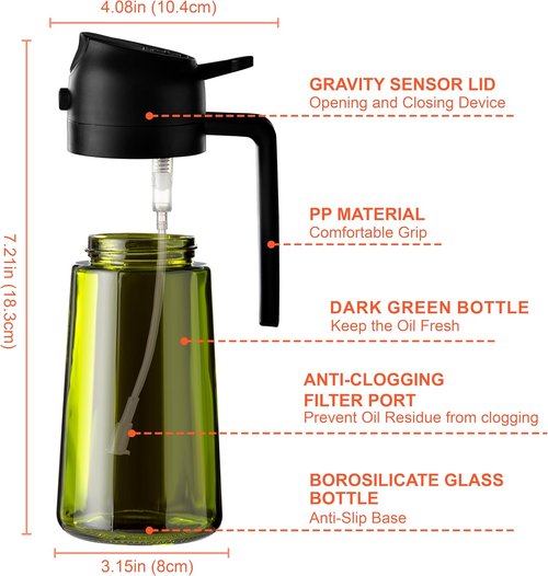 CXINYI - 16oz Olive Oil Dispenser with Stickers | 2-in-1 Sprayer for Cooking & Salad, 2 Black