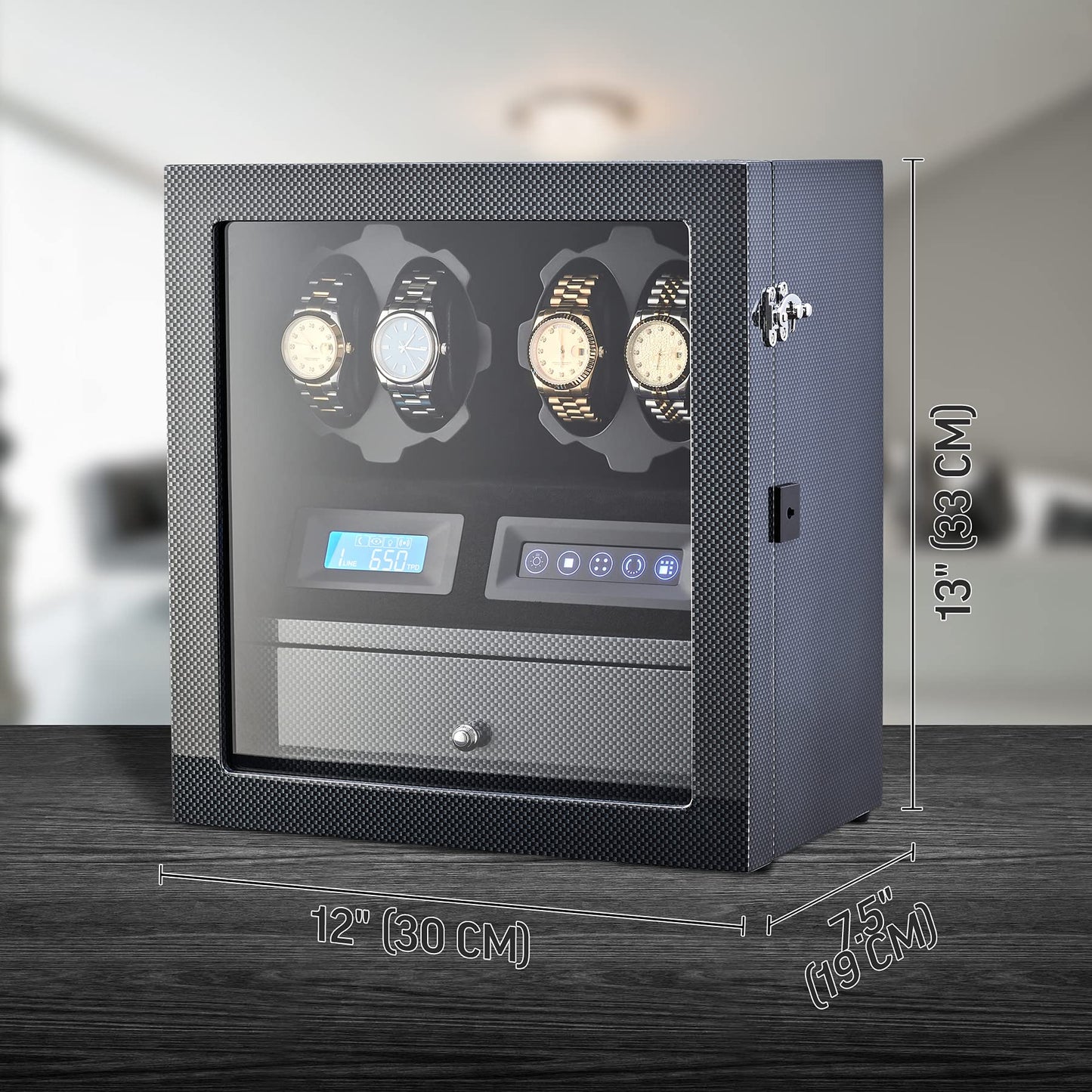 4 Watch Winder with 5 Watch Storage Space, LCD Display, Touch Control and Interior Light (Carbon + Black Velvet)