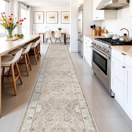 Hallway Vintage Washable Runner Rug - Soft Non-Slip Indoor Carpet for Entryway, Kitchen & Living Room (3x16, Beige)