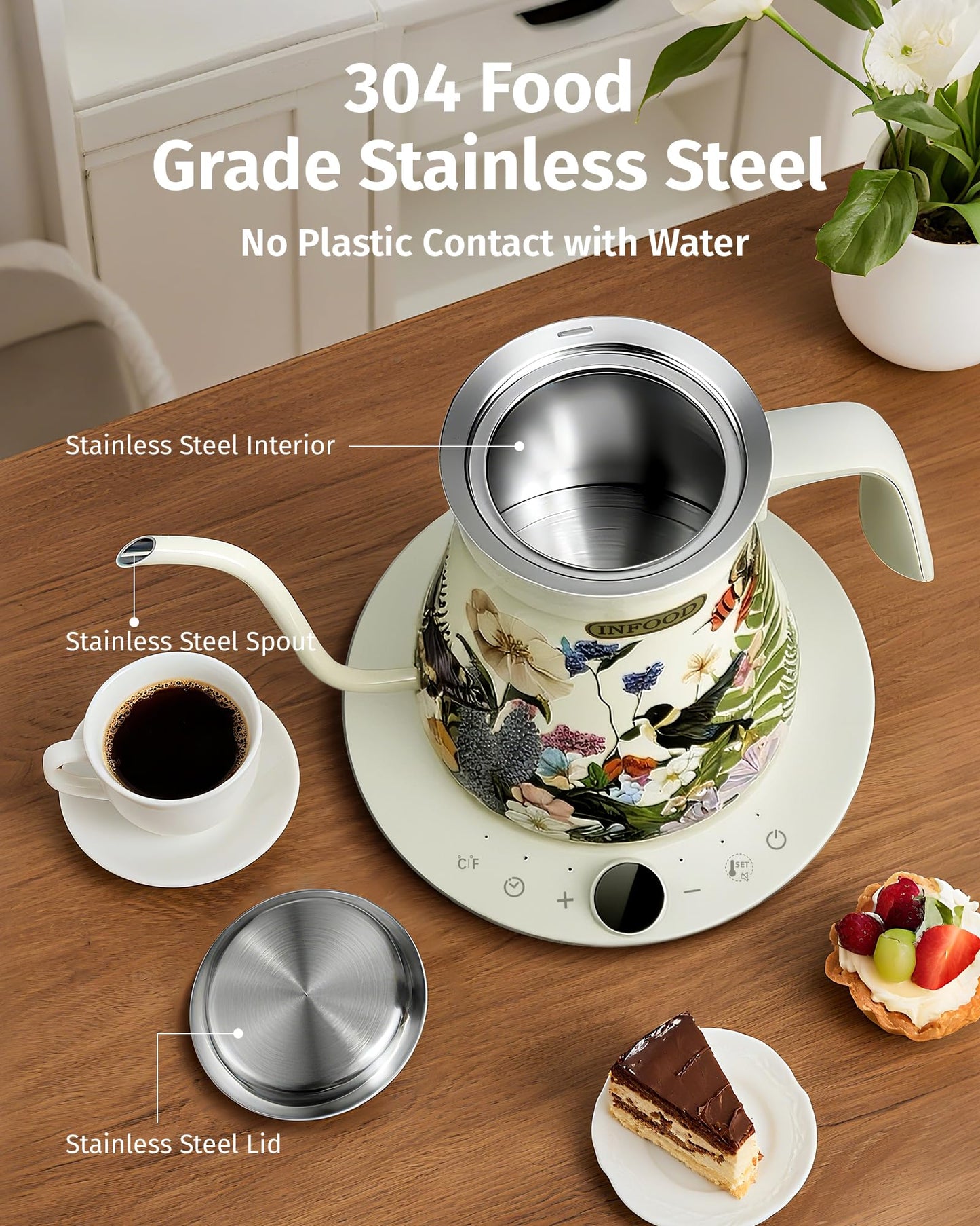 INFOOD 0.8L Gooseneck Electric Kettle, Precise Temperature Control for Pour Over Coffee & Tea, 1200W Fast Boiling Water, Auto Shut Off, Scheduling, Stainless Steel, Floral Painted Design