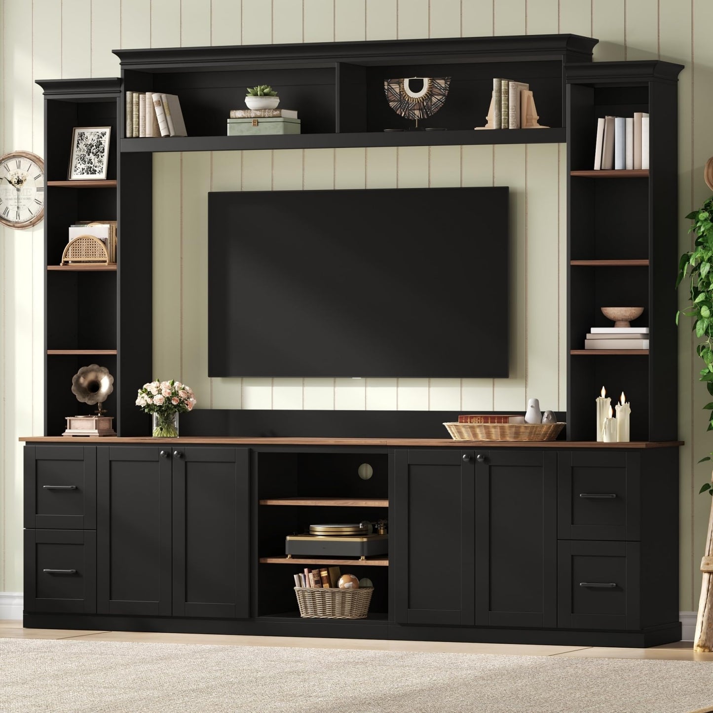 Merax 4-in-1 Wall Unit Entertainment Center with Bookshelf for TVs Up to 70", Farmhouse Large TV Stand with Walnut Adjustable Shelves, Elegant Retro Media Console with Drawers for Living Room, Black