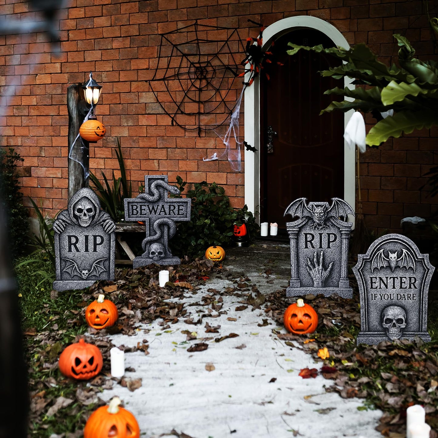 6 Pack Halloween Yard Signs Tombstone Set – 15 x 10 Inch Large Plastic Graveyard Decorations with Stakes, RIP Skull and Skeleton Tombstones for Lawn, Outdoor Haunted House and Party Decor