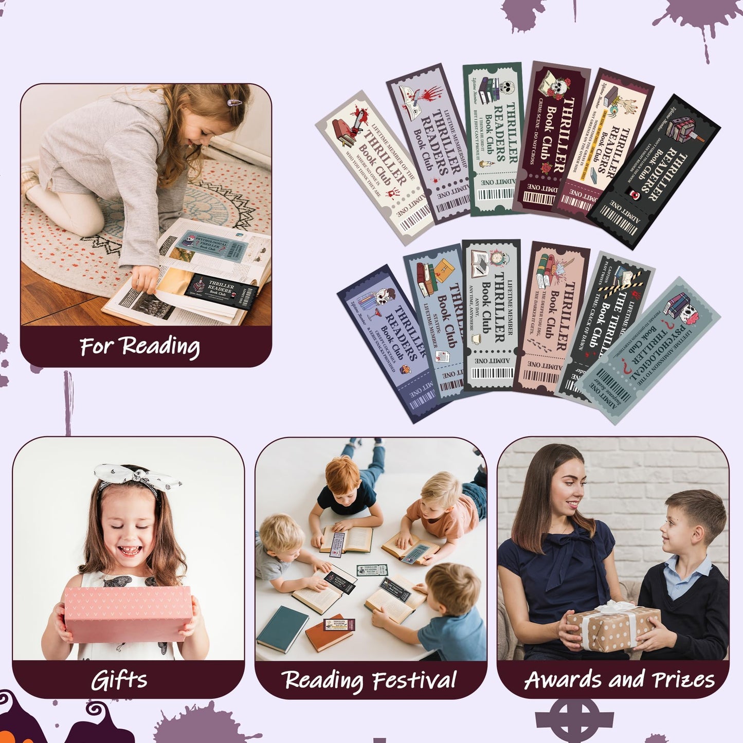 Laffact Halloween Thriller Book Club Bookmarks - 120 Horror Ticket Style Reading Tracker, Double-Sided Page Marker, Thanksgiving Christmas Birthday Bookish Gifts for Book Lover Rewards School Library