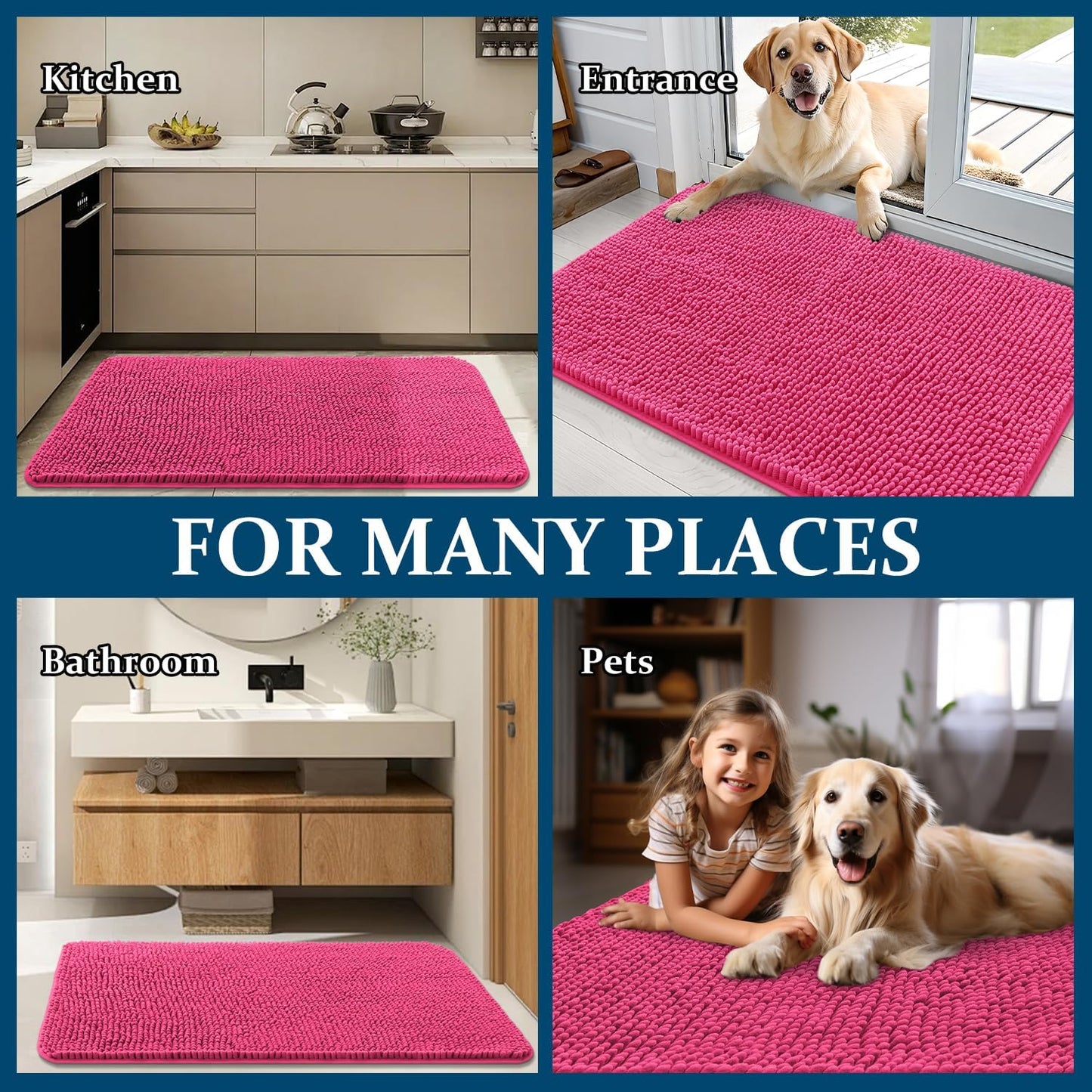 OLANLY Dog Door Mat - Absorbent Non-Slip Chenille Mat for Muddy Paws | 45x27, Quick Dry, Hot Pink