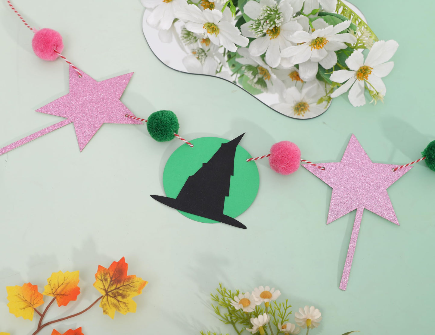 Witch Garland Banner – Pink Fairy Wand and Witch Hat Garland with Pom Poms, Halloween Magic Party Decorations for Girls Birthday, Wizard Theme Decor