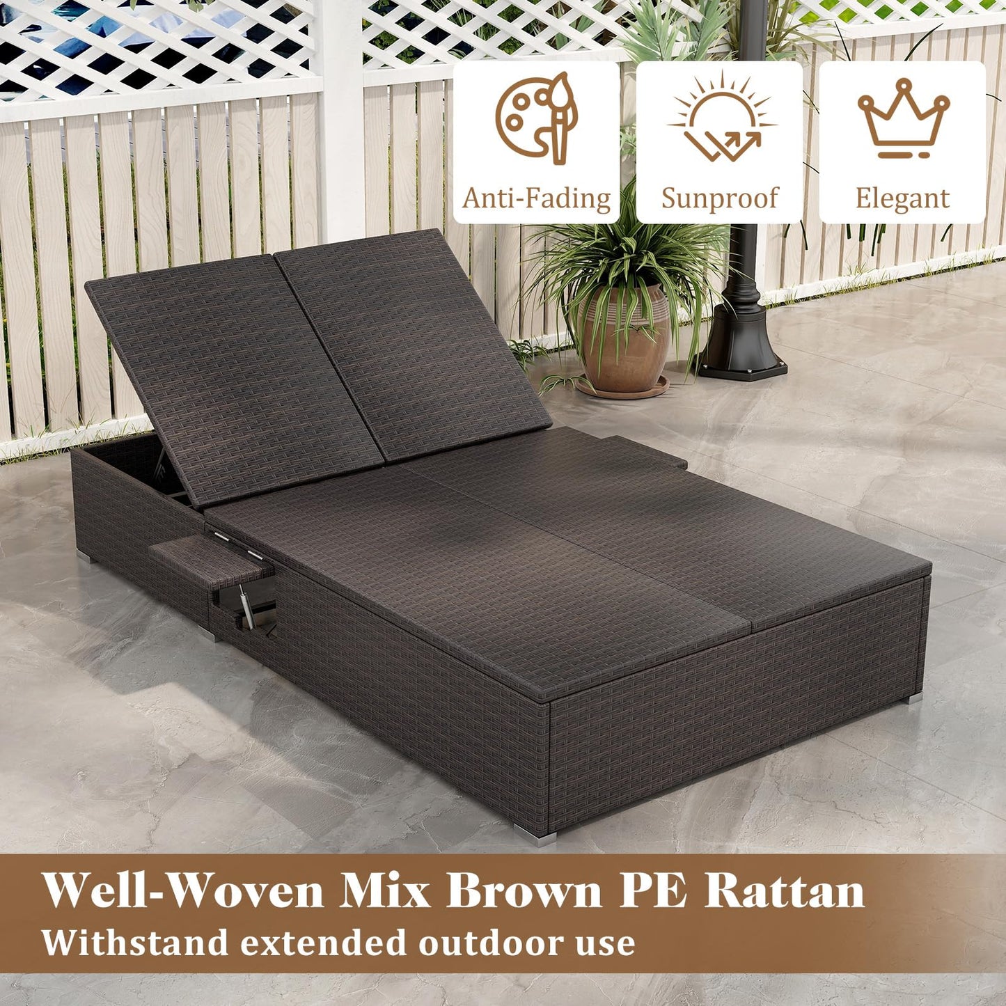 Tangkula Outdoor Rattan Daybed with 6-Level Adjustable Backrests, 2-Person Adjustable Wicker Recliner Bed with Cushions & Folding Side Trays, Double Sunbed Lounger for Balcony, Backyard & Poolside