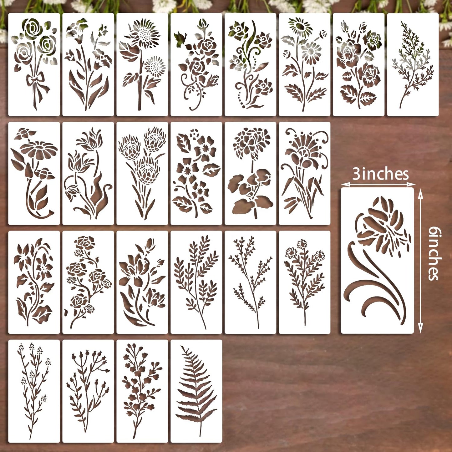 25Pcs Wildflower Stencils Flower Leaf Painting Stencils Botanical Flower Stencils Tiny Vine Leaf Plastic Art Drawing Templates DIY Crafts Plant Stencil for Painting on Wood Wall Door Canvas 3x6inch