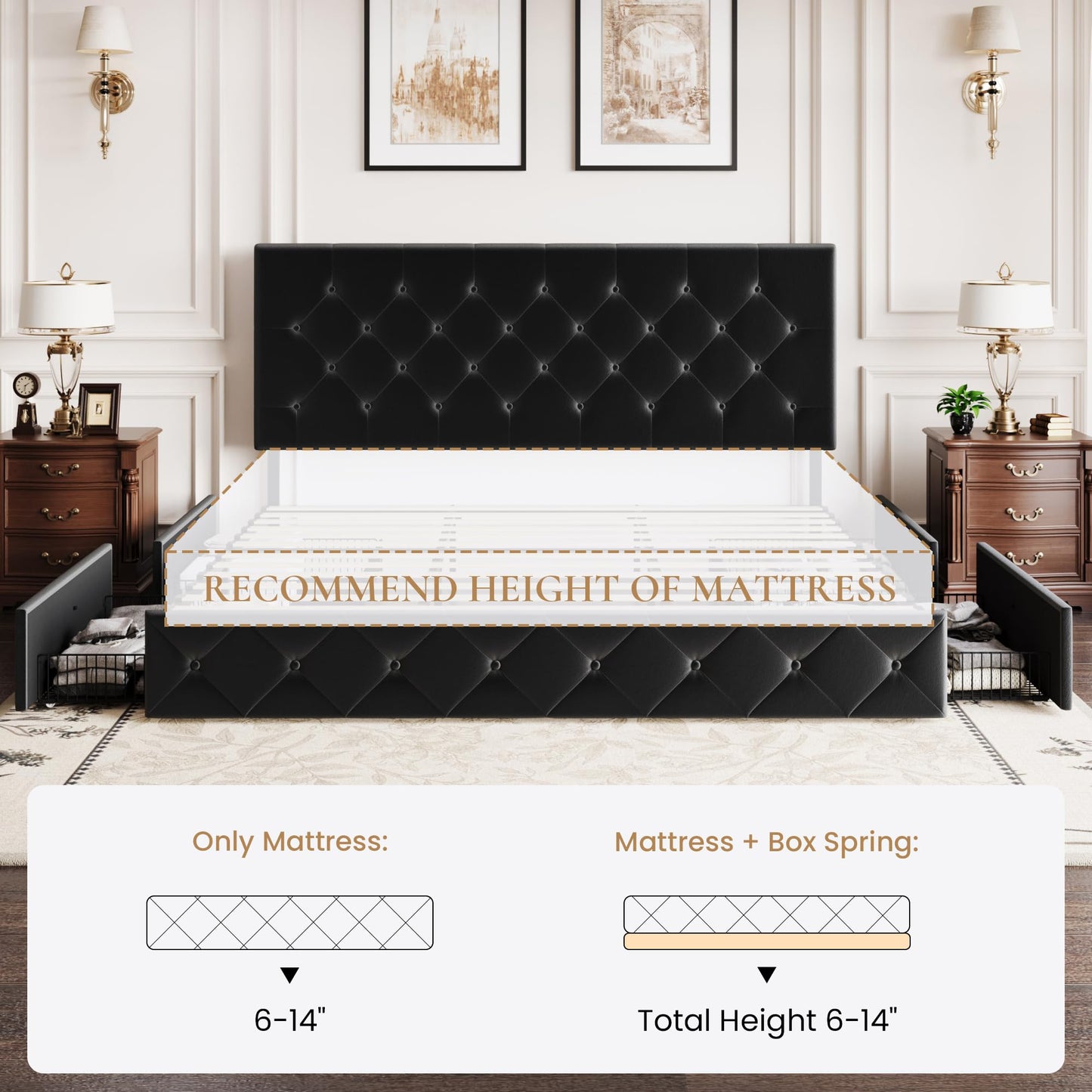 SHA CERLIN King Size Platform Bed Frame with 4 Oversized Storage Drawers, Adjustable Headboard with Velvet Upholstery, Diamond Button Tufted Design, Wooden Slat Support, No Box Spring Needed, Black