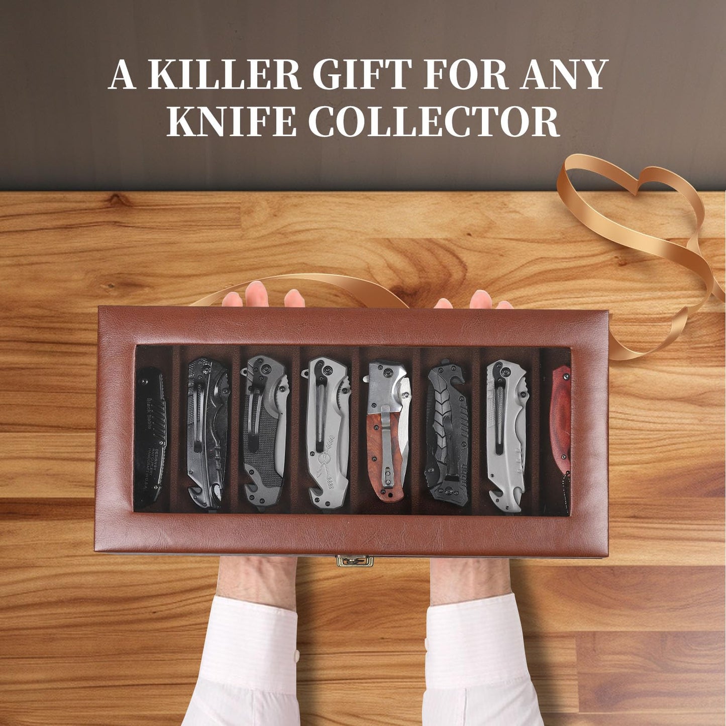 AUTOARK 3-Tier PU Leather & Velvet Knife Organizer with 26 Slots,Transparent Glass Top & Drawer,Compact Storage for Pocket Knives,Ideal for Men's Collections & Gifts,Coffee,MKAW013