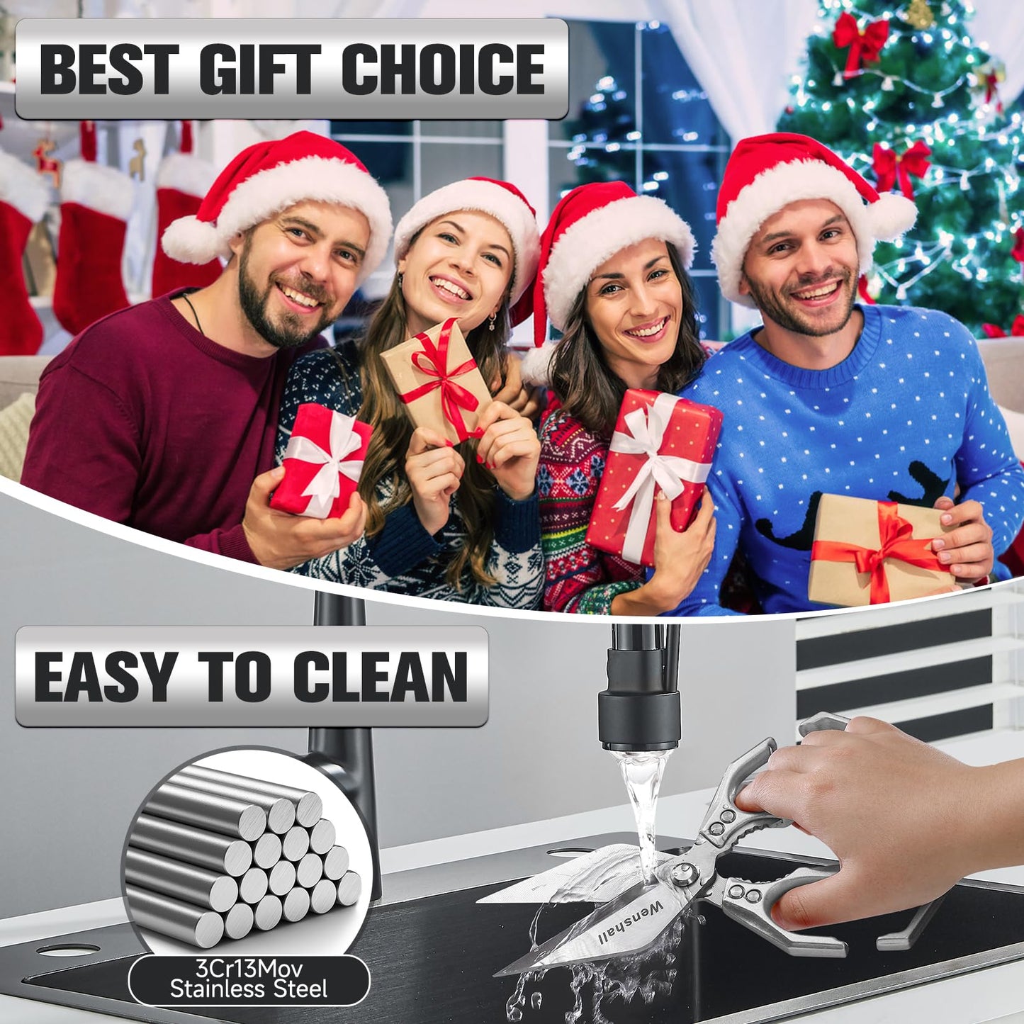 Wenshall 2-Pack Heavy Duty All-Purpose Kitchen Scissors, Stainless Steel, Kitchen Shears for Cutting Chicken, Poultry, Game, Meat - Chopping Vegetable, Dishwasher Safe,Christmas Gifts(Silver)