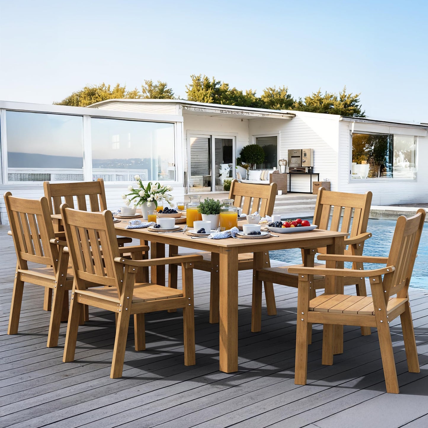 YEFU HIPS Patio Table Set: 7 Piece Outdoor Table and Chairs Dining Furniture Set with Umbrella Hole - Teak Modern Plastic Dining Sets 6 Person for Outside Deck with Metal Aluminum Frame