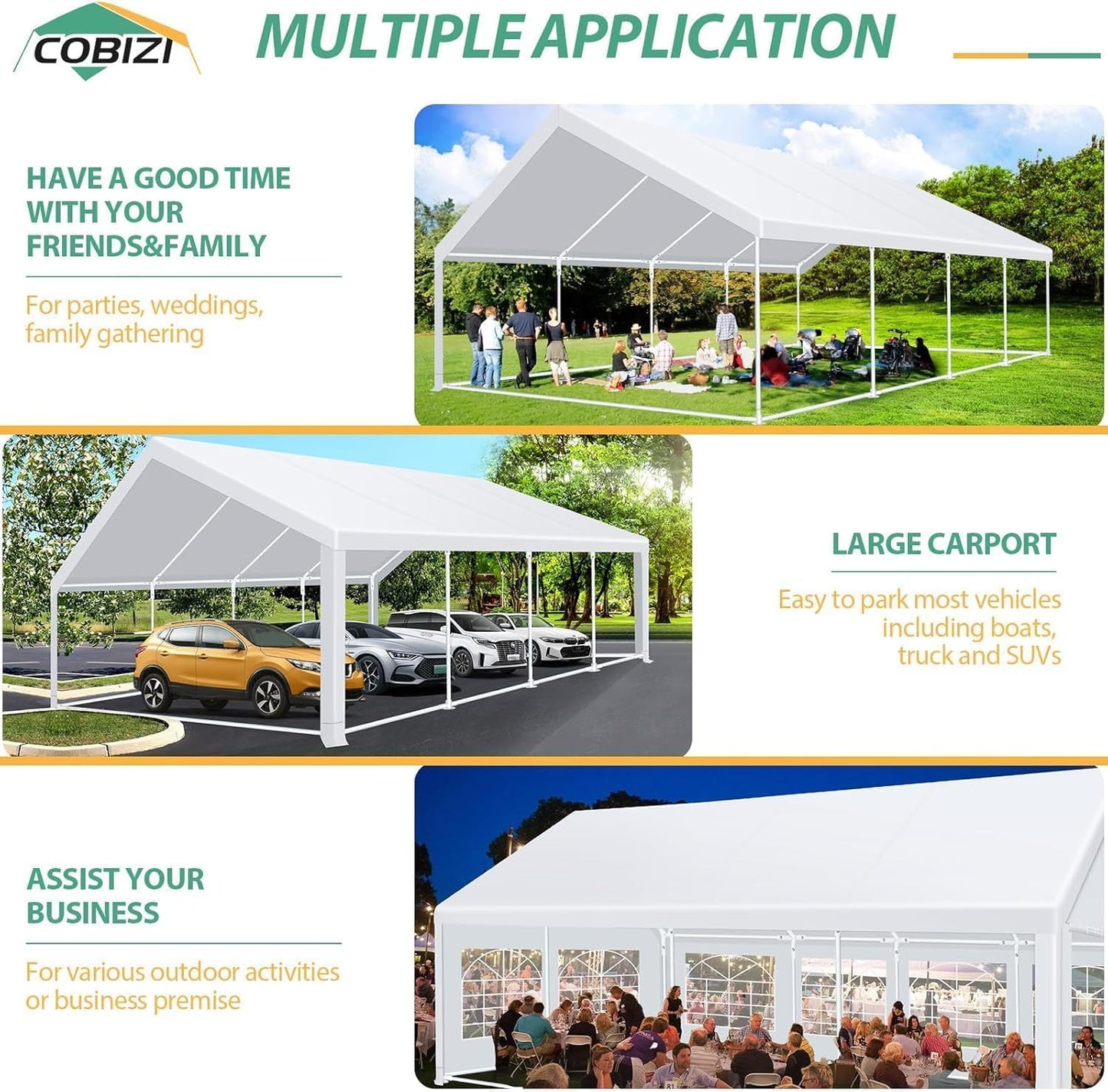 COBIZI 20x30 Party Tents Heavy Duty with 8 Sidewall & 12 Windows, Event Shelter Wedding Canopy for Parties, Powder Coating (Better Than Galvanized), Waterproof Outdoor Gazebo for BBQ, White