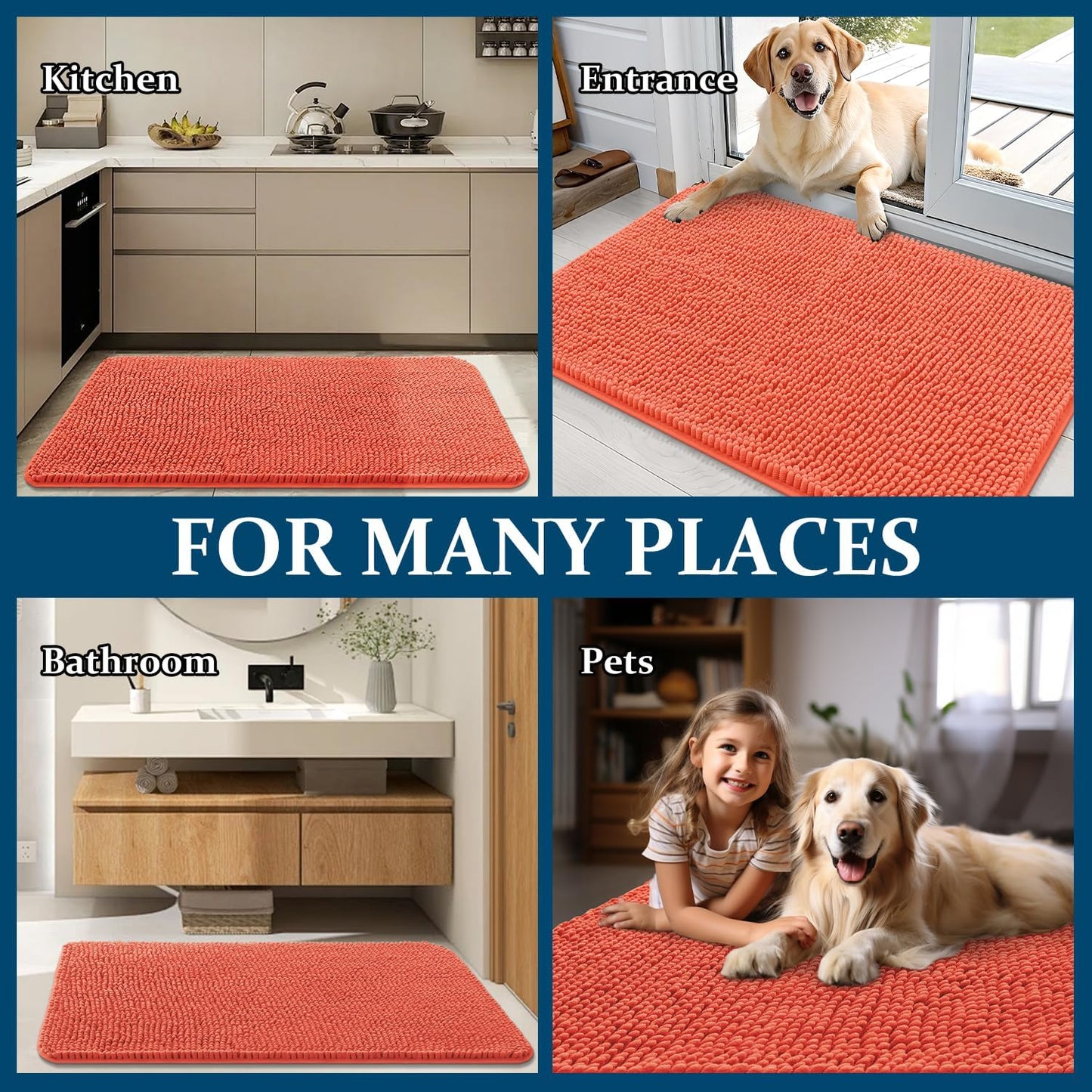 OLANLY Dog Door Mat - Absorbent Non-Slip Mud Mat for Indoor Use | 24x16 Coral, Quick Dry Chenille