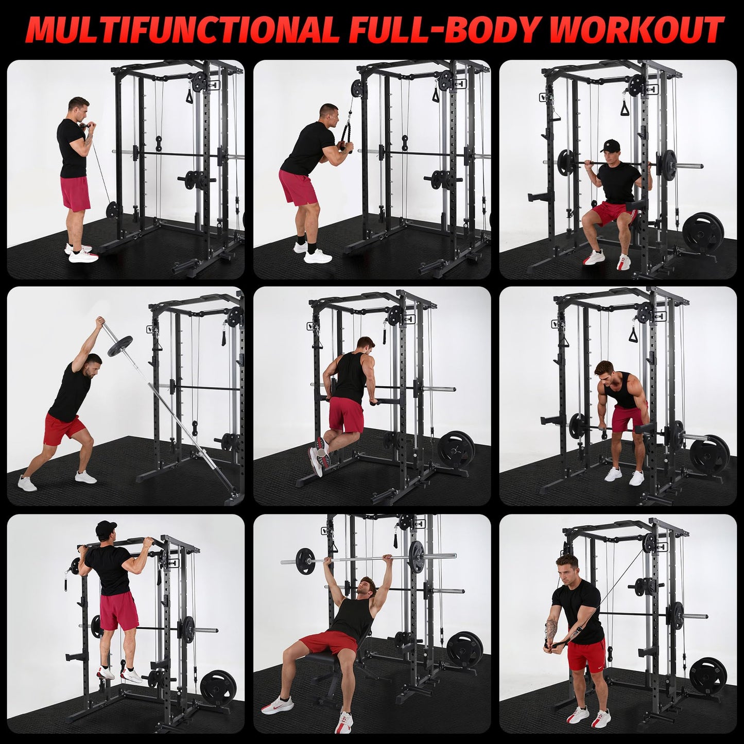 Garvee Power Cage, Smith Machine Squat Rack, Heavy Duty Power Rack for Home Gym with Pulley System, Dip Bar, LAT Pulldown, Multifunctional Squat Rack for Home Gym