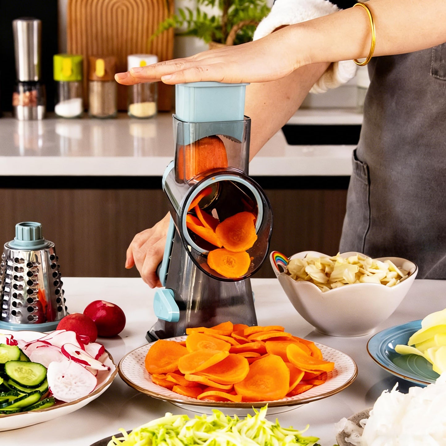 KalraMay Cheese Grater,Rotary Cheese Grater with Handle, Multifunctional Rotary Cheese Shredder Effortlessly Grates Cheese, Vegetables, and Fruits (Blue)