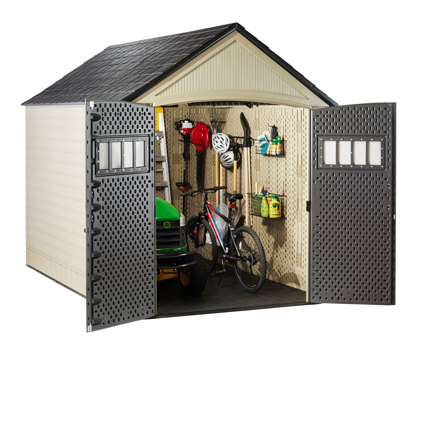 Rubbermaid Resin Outdoor Storage Shed With Floor (7 x 10.5 Ft) Weather Resistant, Brown Gable, Organization for Home/Backyard/Garden Tools/Lawn Mower/Bike Storage/Pool Supplies