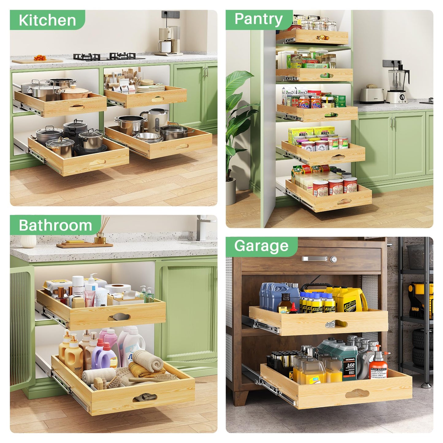 Pull Out Cabinet Organizer, Soft Close Wooden Slide Out Drawers for Pots and Pans, Full-extension Roll Out Shelves for Kitchen Cabinets, Pantry Organization, Bottom & Side Mount(15"W X 21"D x 3.4''H)