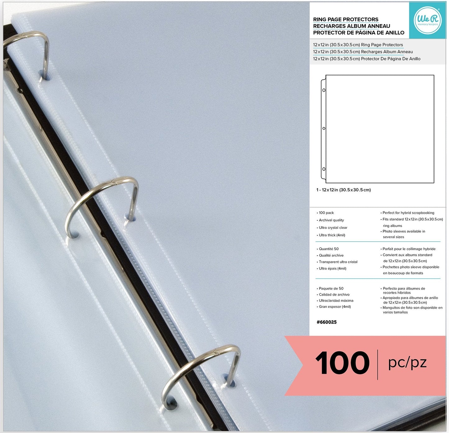 We R Memory Keepers 12x12 Page Protector Sleeve Set Includes 100 Pages, Non-Glare, Compatible with Most 3 Ring Albums, Perfect for Scrapbooking & More
