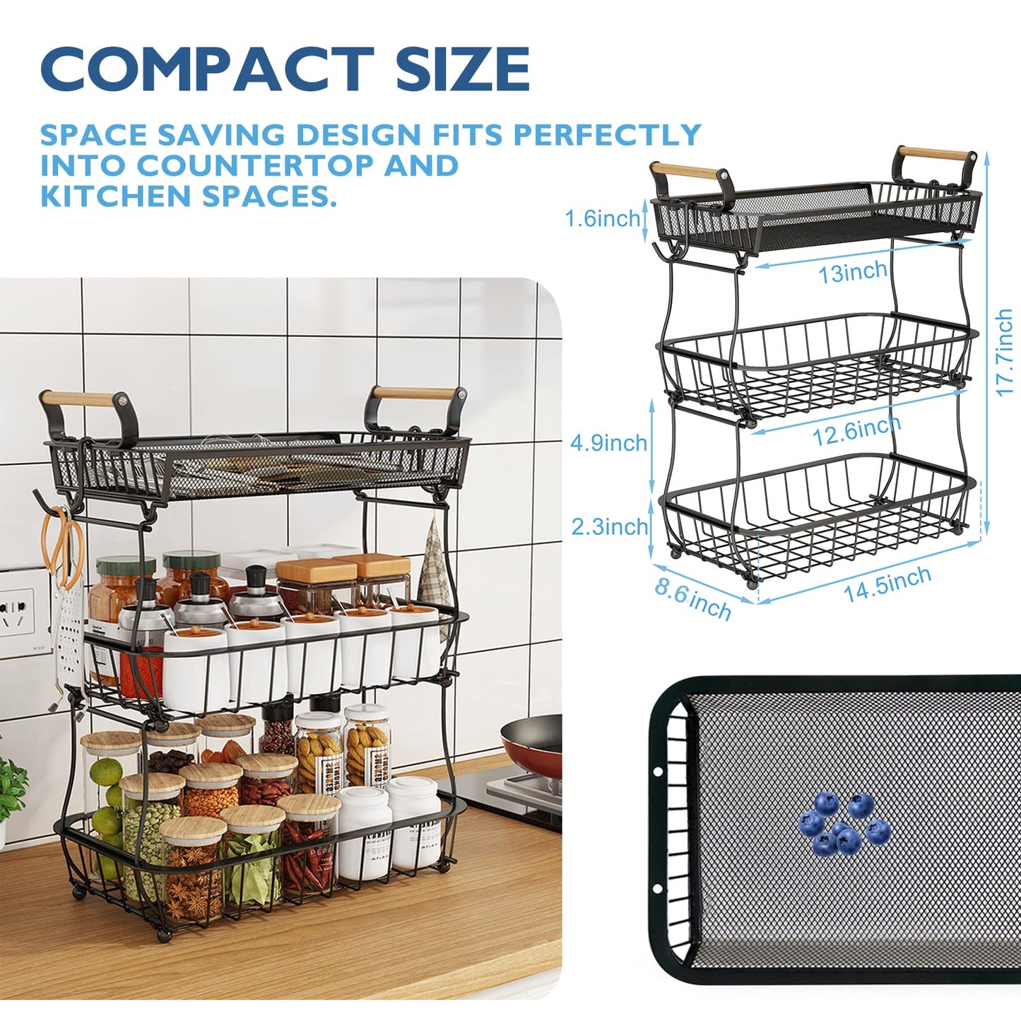 ANTOPY 3 Tier Fruit Basket with 2 Banana Hangers, Countertop Fruit Vegetable Basket Bowl for Kitchen Counter Metal Mesh Basket Fruits Stand Produce Holder Organizer for Onion Potato Bread Snack Veggie