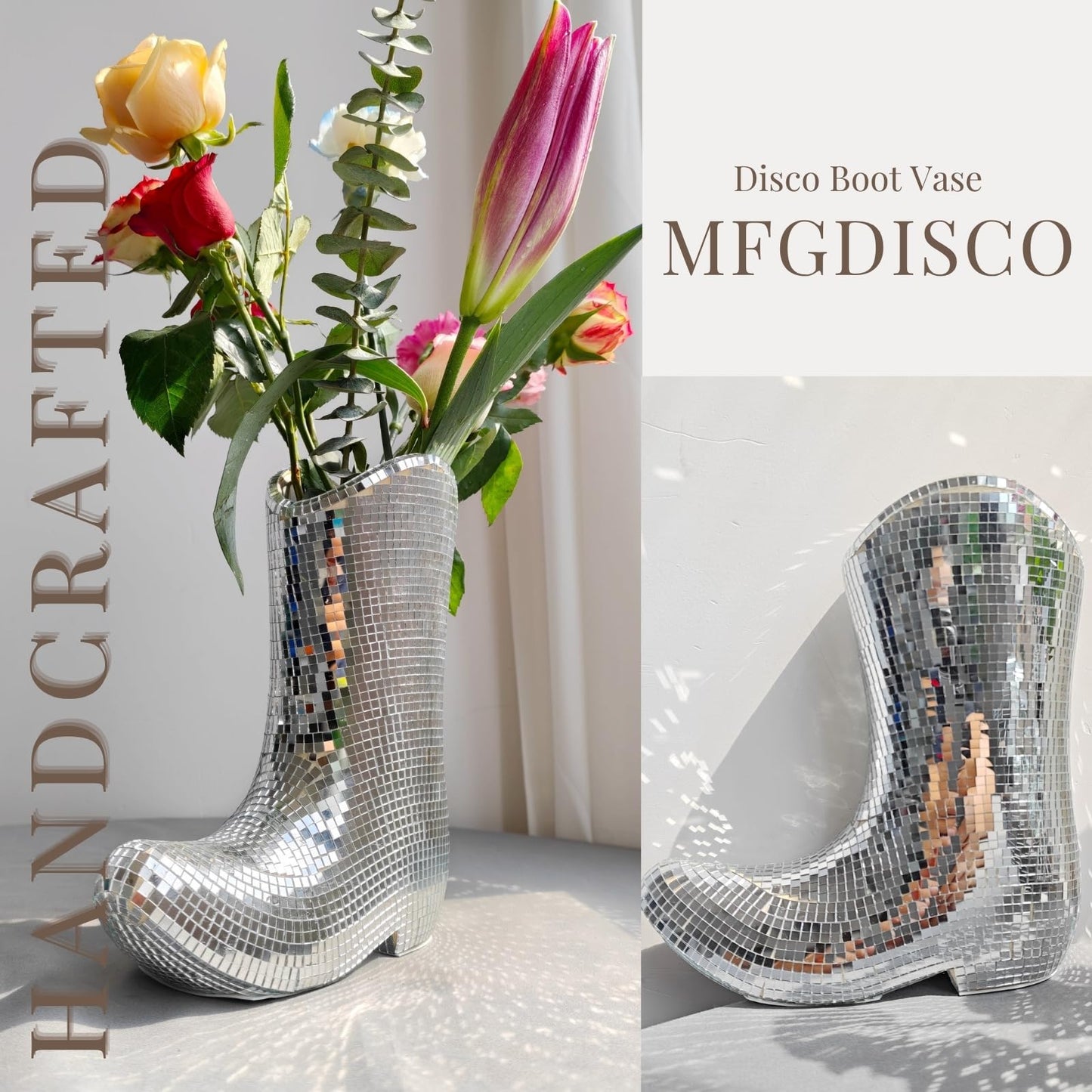 Handcrafted Disco Cowboy Boot Vase, Ceramic & Santiago Disco Ball Modern Western Flower Vase, 9.5inch Santiago Disco Cowboy Boot Home Decor, Unique Gift for Housewarming