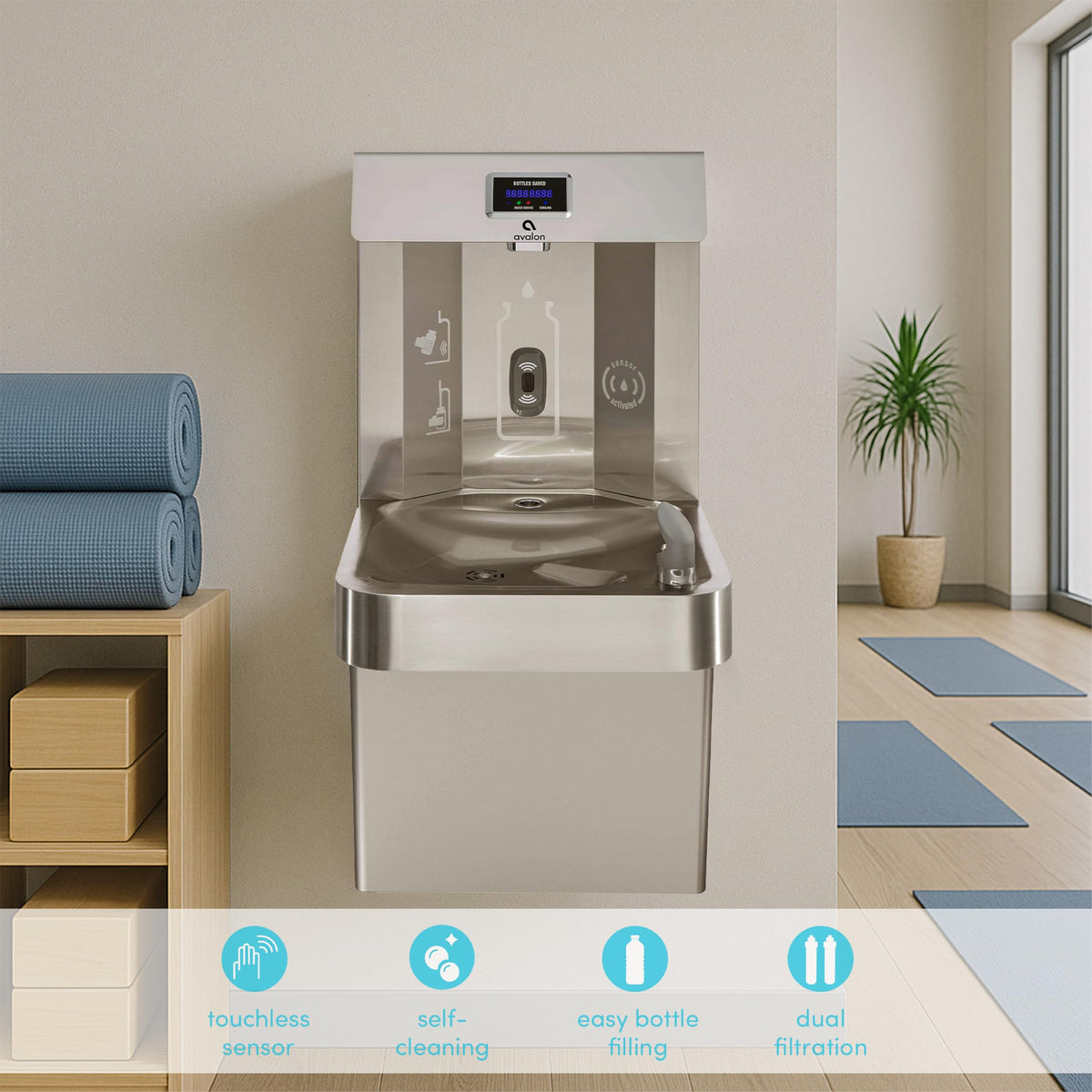 Avalon Wall Mounted Water Fountain with Bottle Filling Station, High Capacity Cooling, Sensor Dispensing, Self Cleaning, Digital Bottle Counter Display, Dual Filtration, ADA Compliant