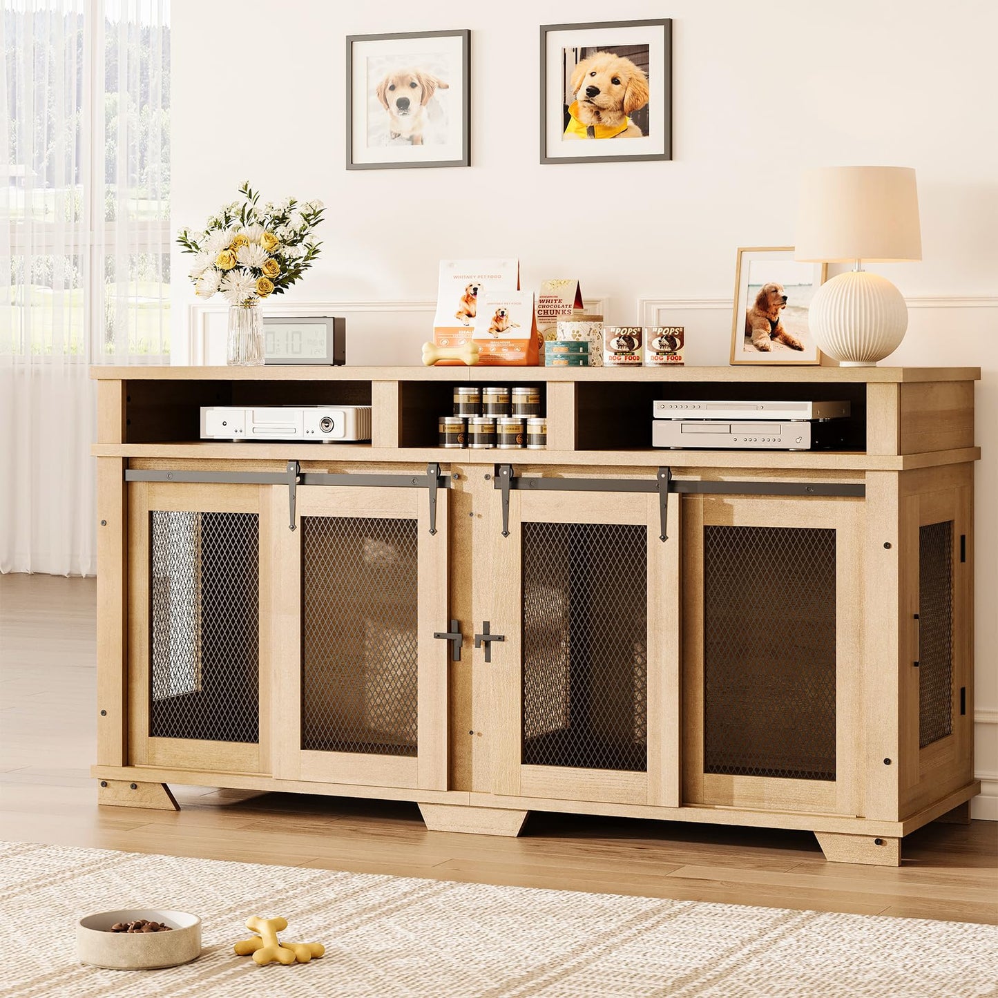 Garvee 71'' Dog Crate Furniture for 2 Dogs, Extra Large Double Dog Kennel Indoor with Removable Divider and Storage Drawers, Wooden Dog Crate TV Stand for Large Medium Dogs