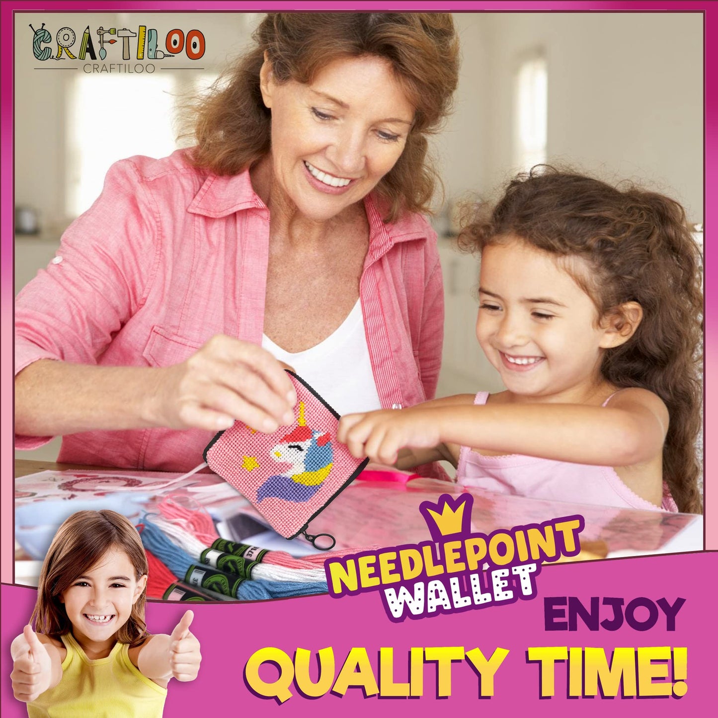 CRAFTILOO Needlepoint Kit for Kids — Beginner Cross Stitch Sewing Kit with Pre Printed Canvas, Easy Embroidery Arts and Crafts Starter Set for Girls and Boys Ages 6-12 (Unicorn)
