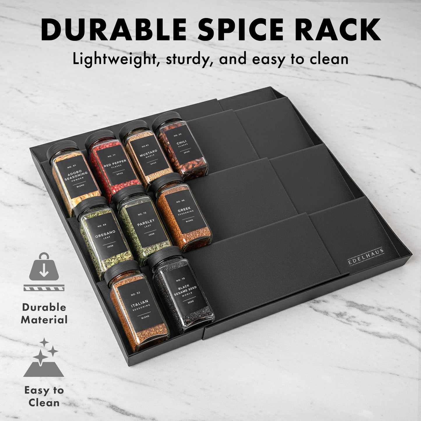 EDELHAUS Spice Drawer Organizer - Expandable Spice Rack for Drawer, Black Seasoning Organizer for Drawer Spice Organizer, Spice Organization Seasoning rack insert for Cabinet (Jars Not Included)