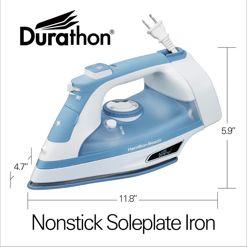 Hamilton Beach Steam Iron & Vertical Steamer for Clothes with Scratch-Resistant Soleplate, Adjustable Steam Settings + 8’ Cord Wrap, 3-Way Auto Shutoff, Anti-Drip, Self-Cleaning, 1500 Watts, Blue